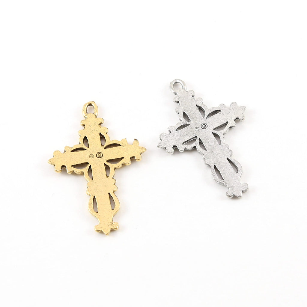 35mmx23mm Pewter Indented Cross with Fancy Edge Fleur De Lis Design