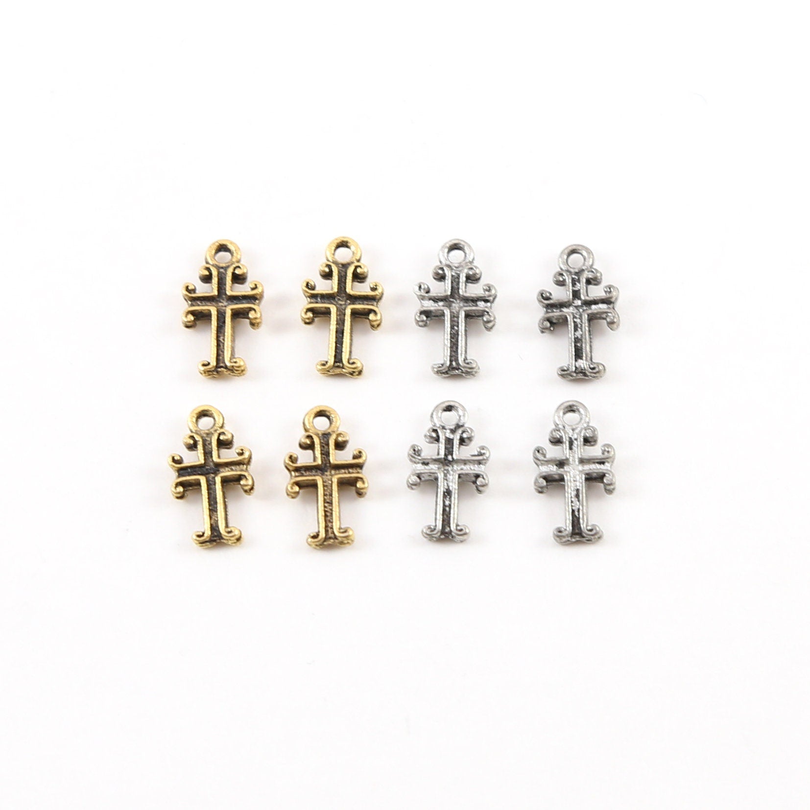 10mmx5mm Pewter Tiny Cross with Curled Edges Small Little Dainty Charm (4pc)