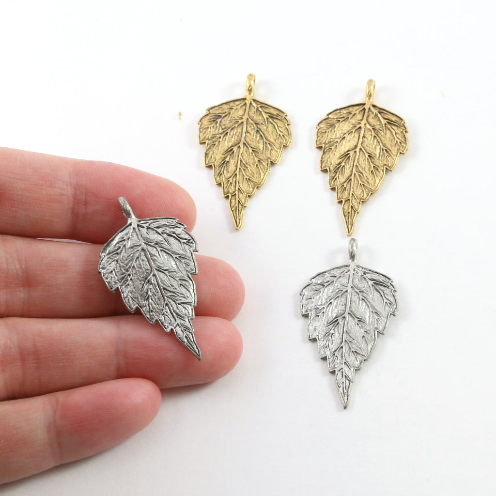 34mmx18mm Pewter Detailed Birch Leaf Nature Pendant Antique Gold Antique (2pc)