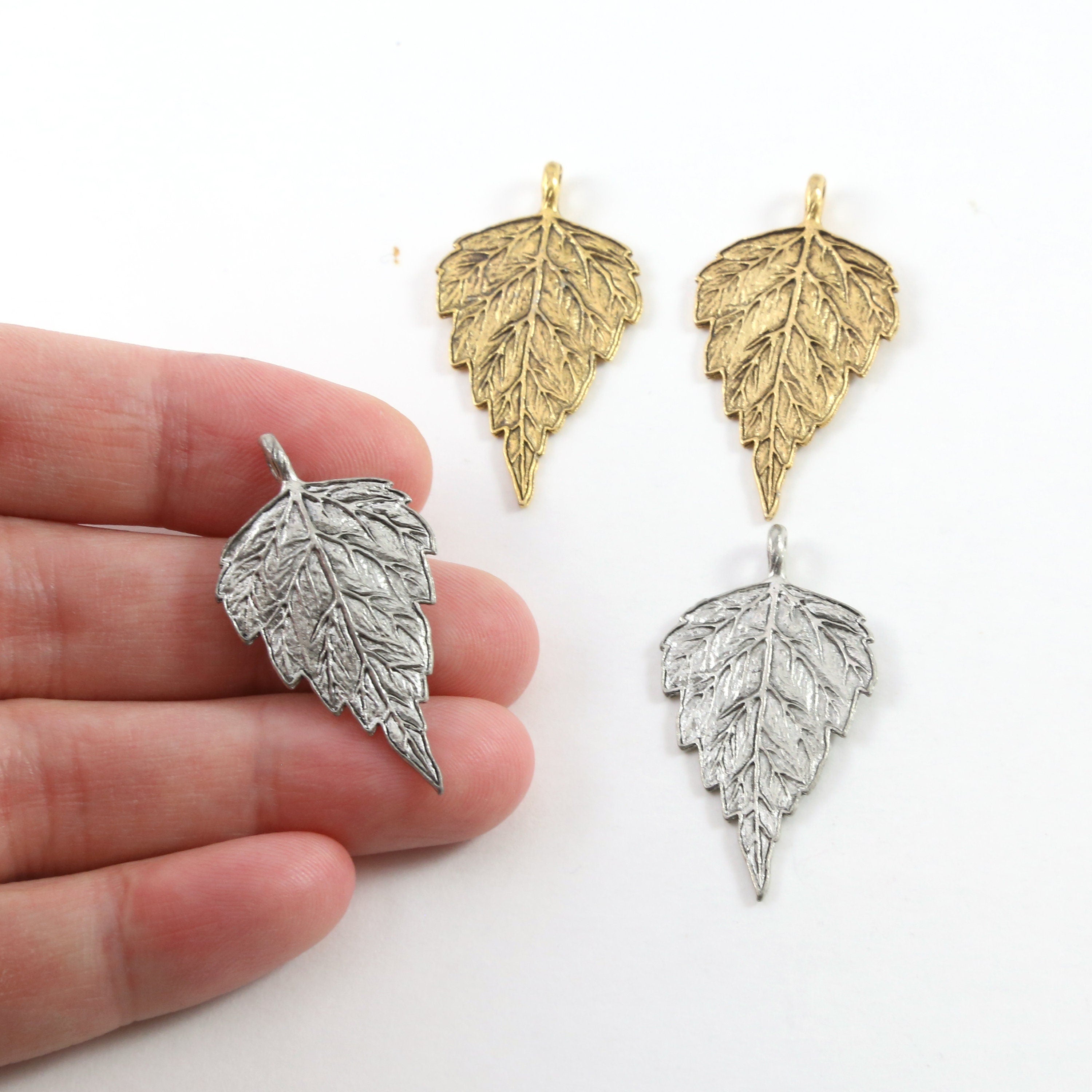 34mmx18mm Pewter Detailed Birch Leaf Nature Pendant Antique Gold Antique (2pc)