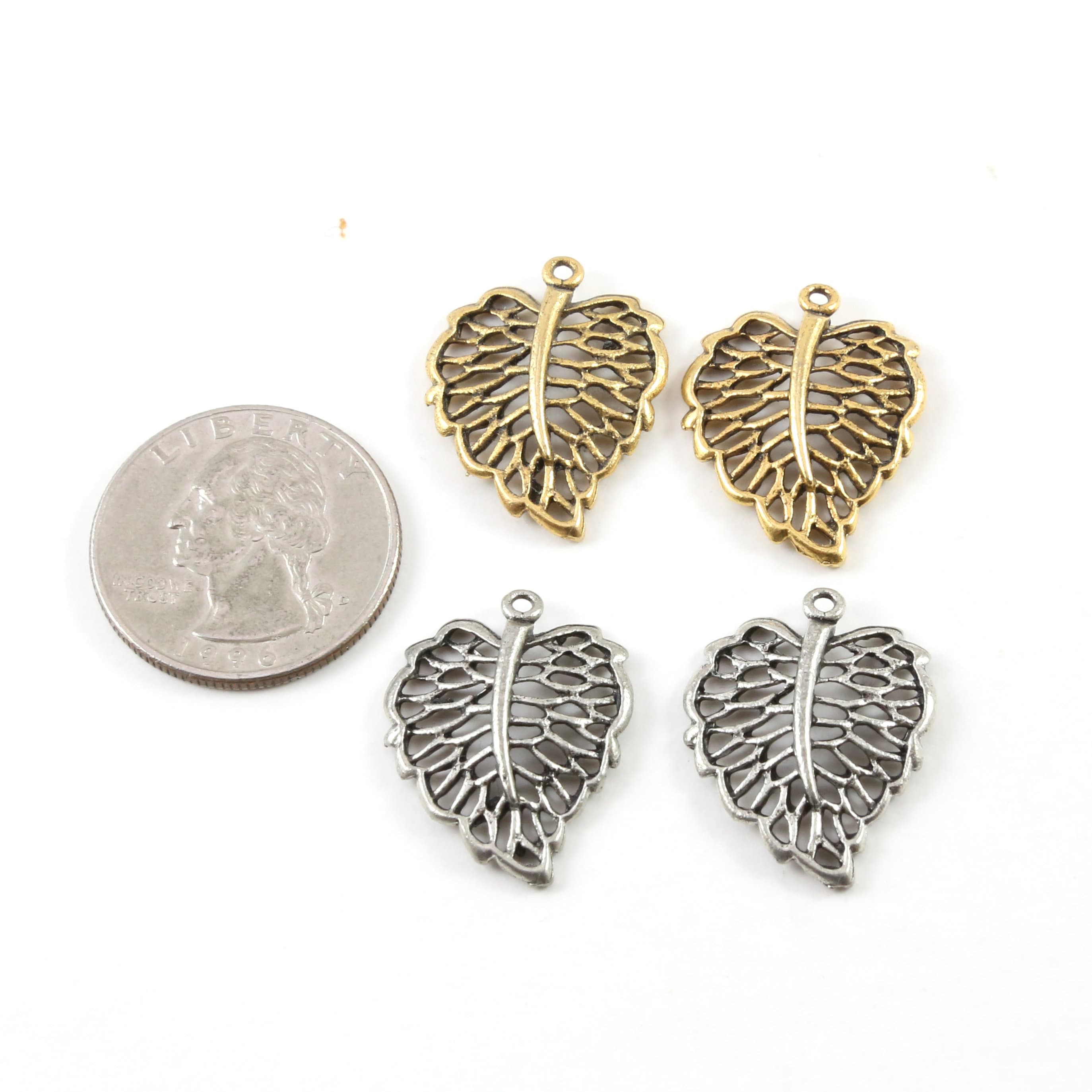 24mmx20mm Pewter Lined Leaf Nature Pendant Antique Gold Antique Silver (2pc)