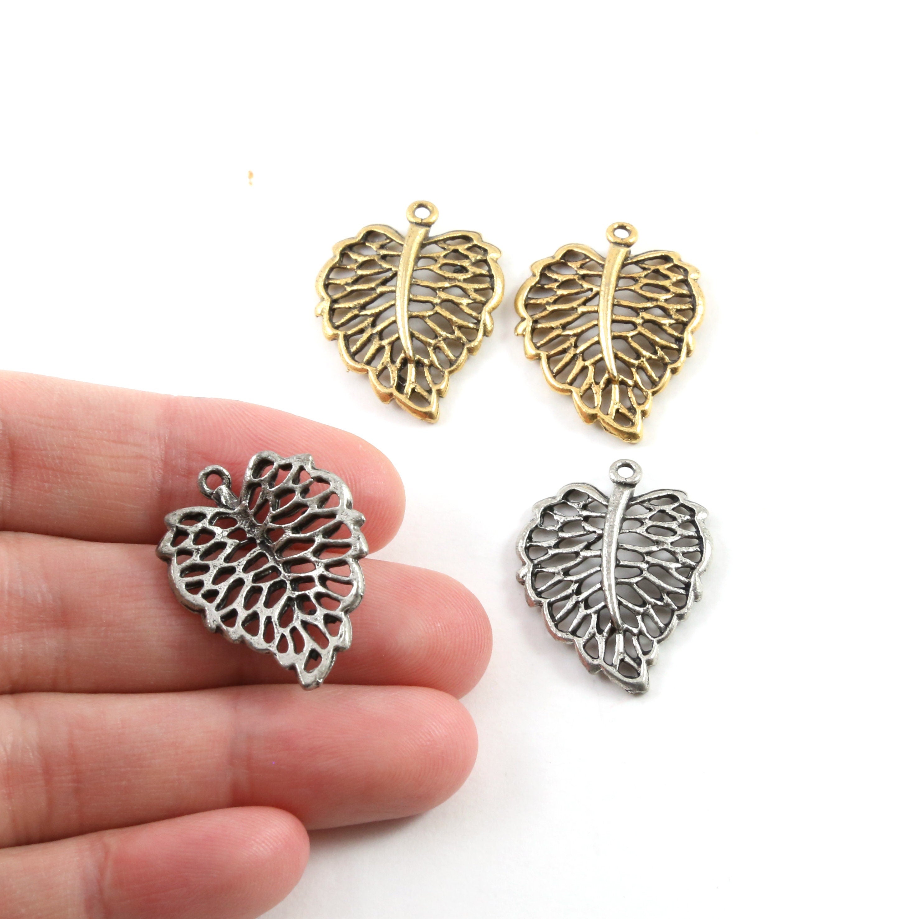 24mmx20mm Pewter Lined Leaf Nature Pendant Antique Gold Antique Silver (2pc)