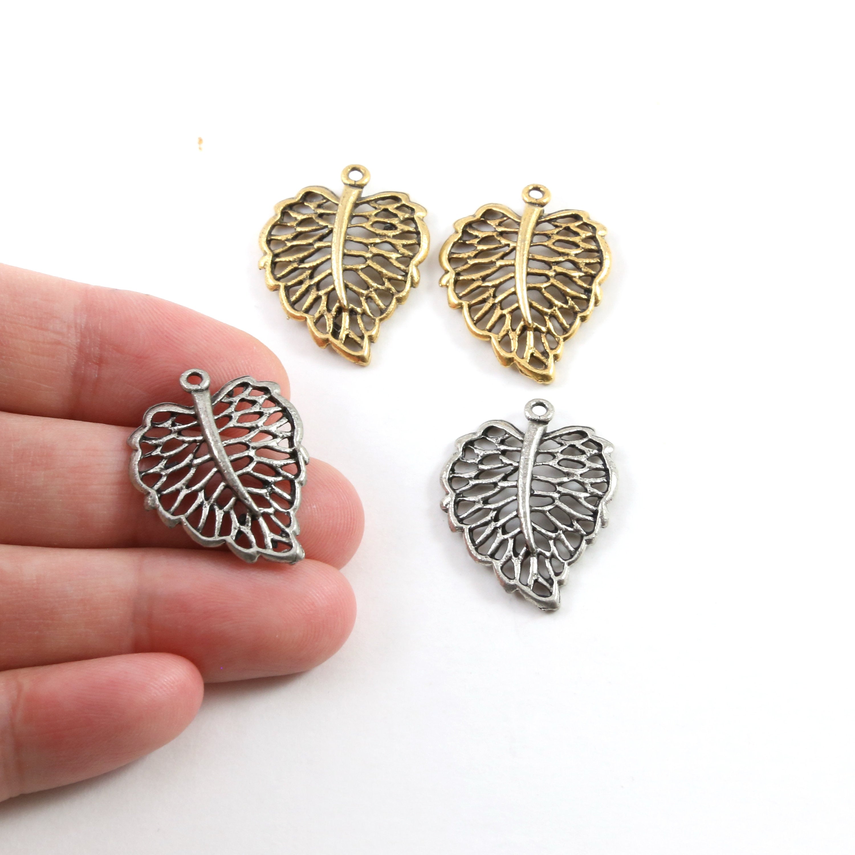 24mmx20mm Pewter Lined Leaf Nature Pendant Antique Gold Antique Silver (2pc)