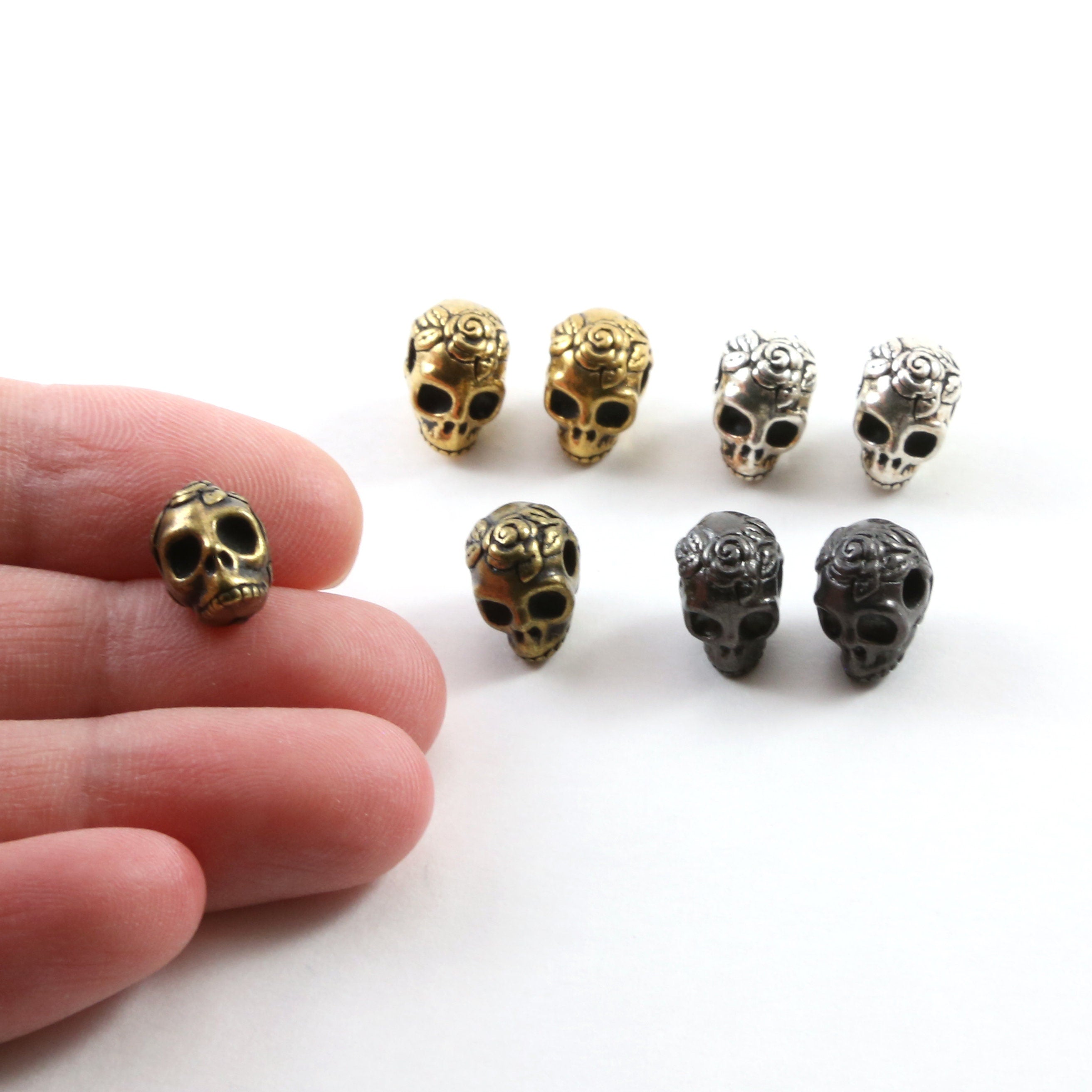 10mmx8mm Pewter Pretty Skull with Roses Bead Charm Halloween Skeletons (2pc)