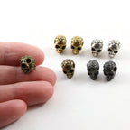 10mmx8mm Pewter Pretty Skull with Roses Bead Charm Halloween Skeletons (2pc)
