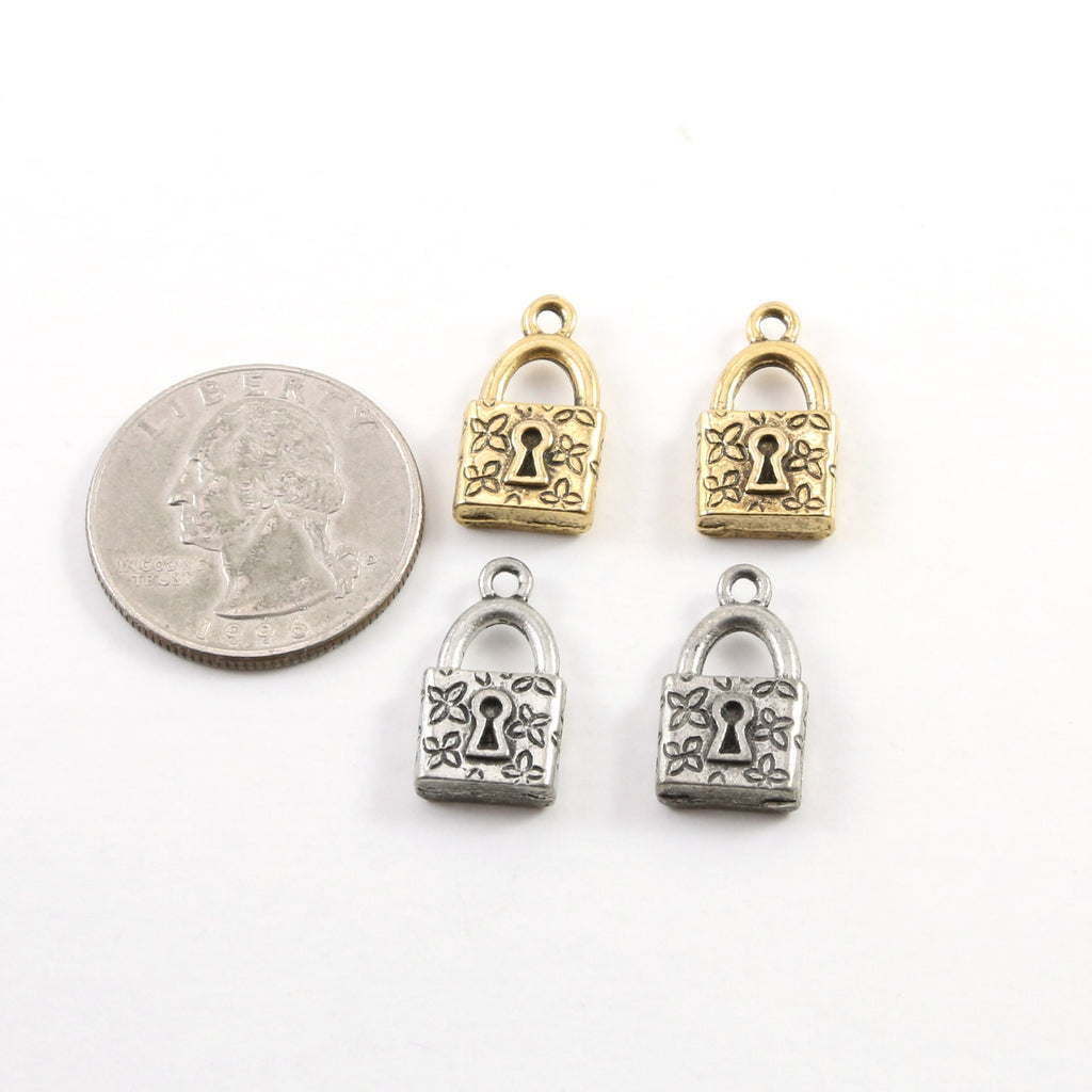 18mmx15mm Pewter Floral Pad Lock Key Charm with Flowers Necklace Pendant (2pc)