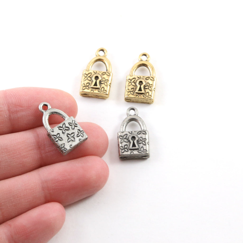 18mmx15mm Pewter Floral Pad Lock Key Charm with Flowers Necklace Pendant (2pc)