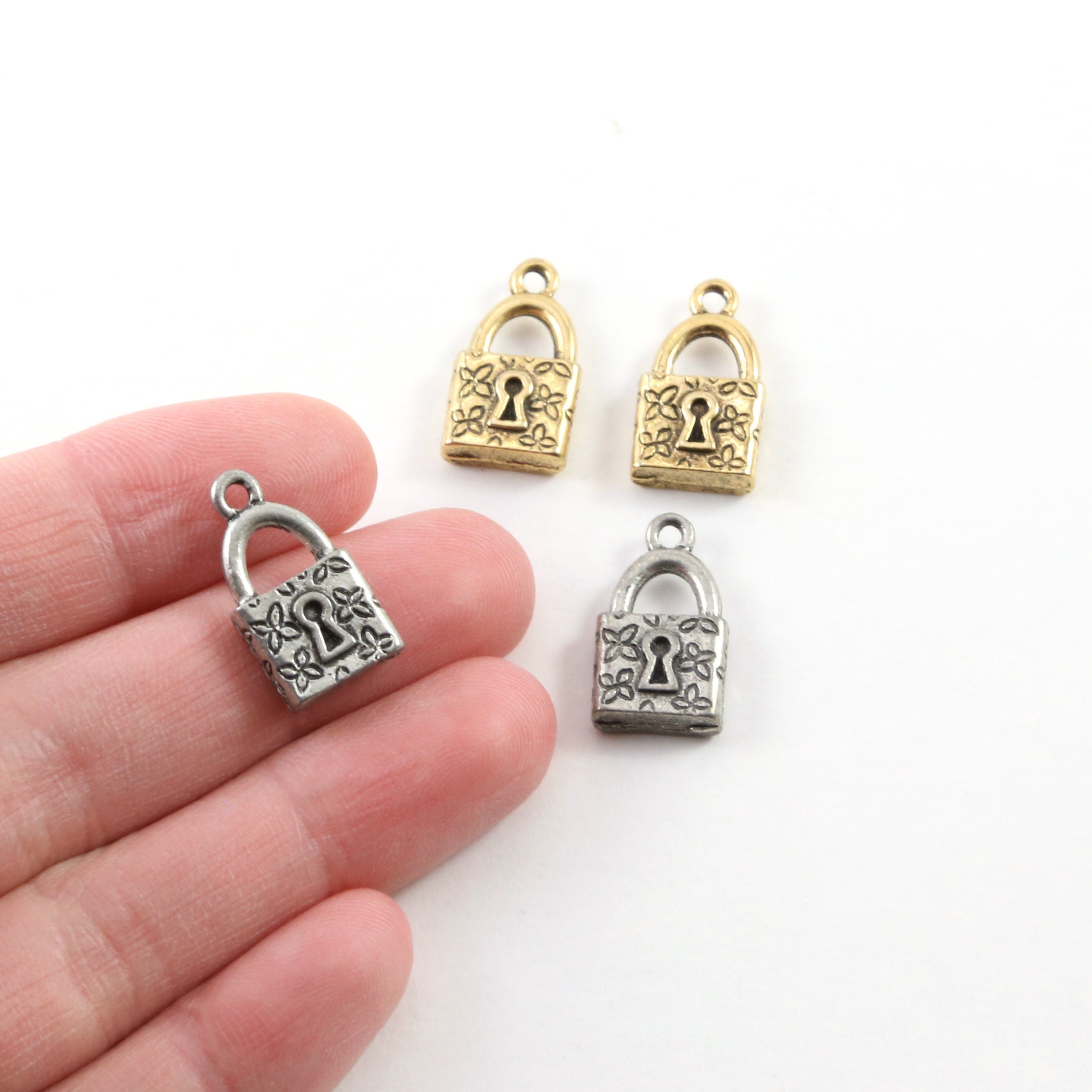 18mmx15mm Pewter Floral Pad Lock Key Charm with Flowers Necklace Pendant (2pc)