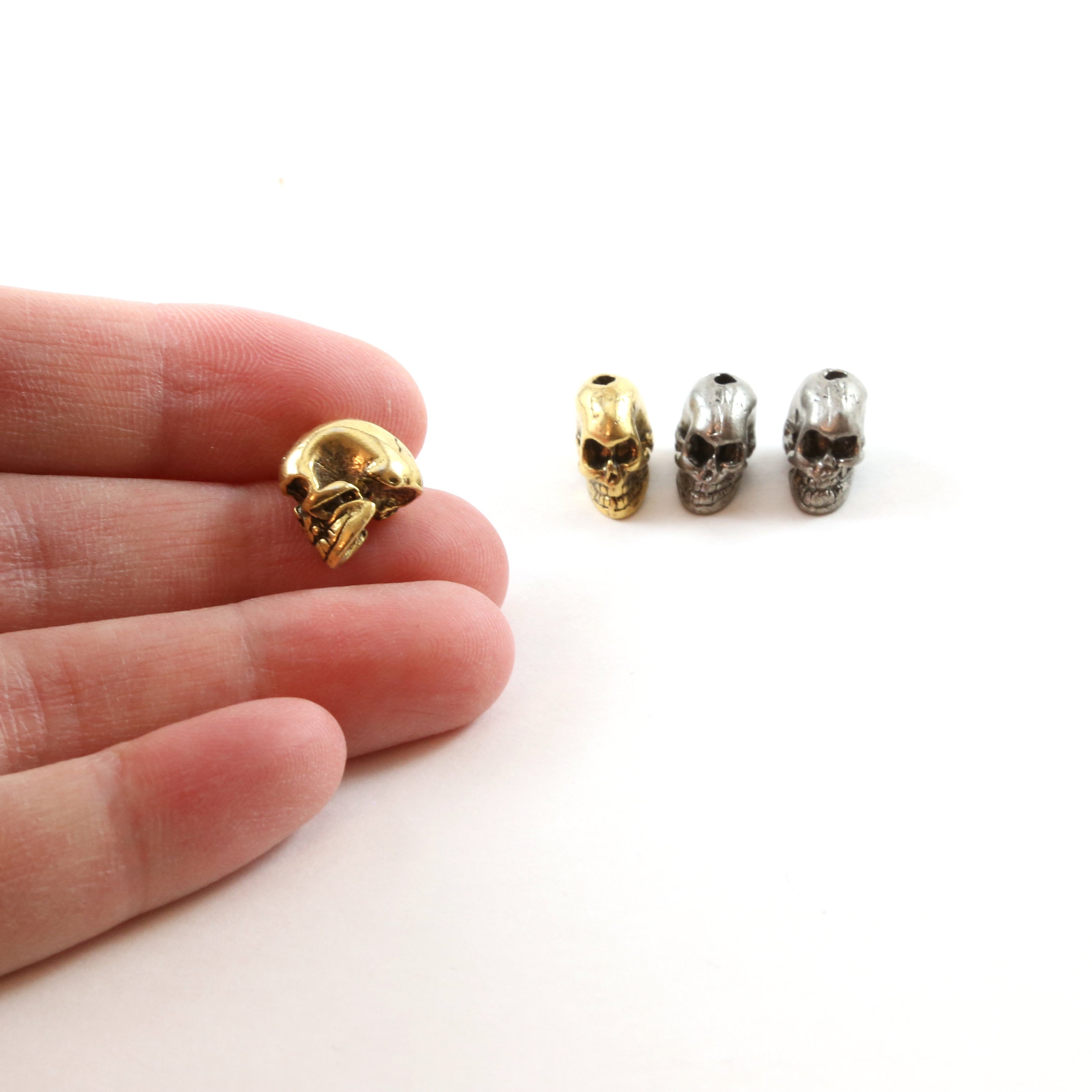11mmx9mm Pewter Skinny Skull Head Bead Vertical Hole Pendant Halloween (2pc)