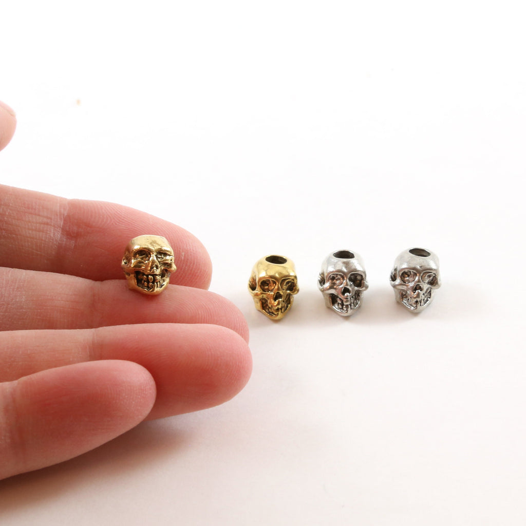 10mmx8mm Pewter Small Skull Head Bead Vertical Hole Pendant Halloween (2pc)