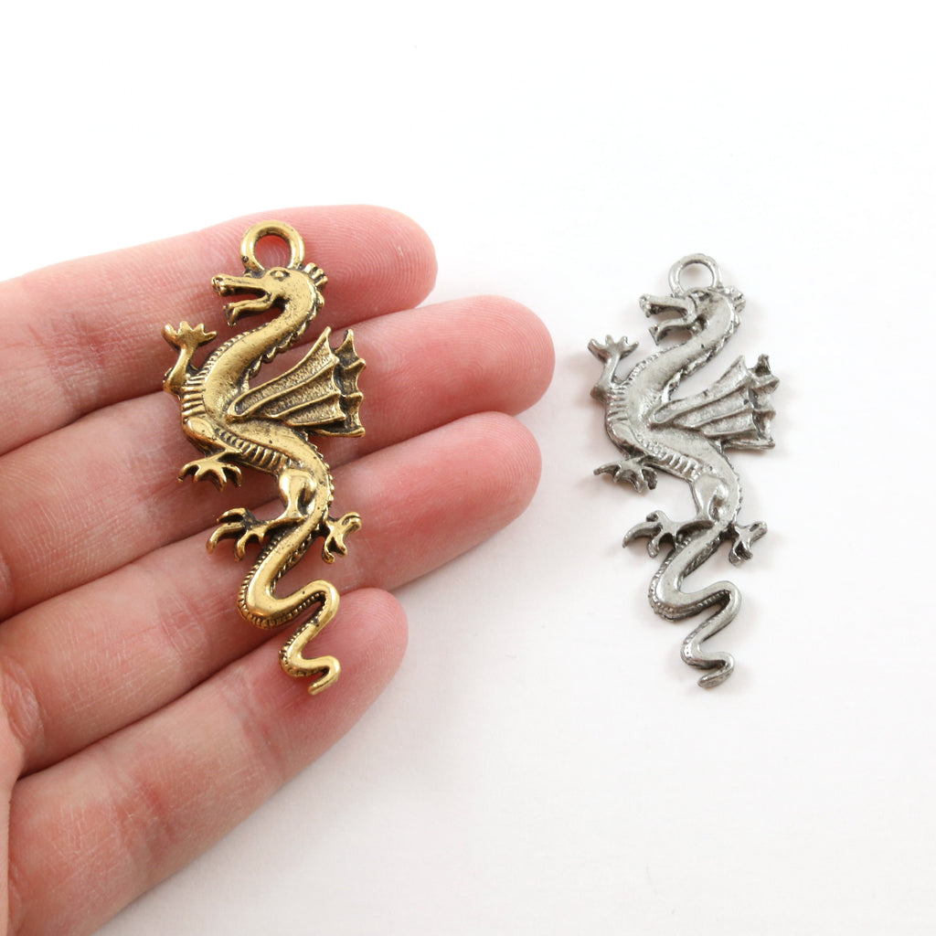 50mmx20mm Pewter Large Tall Detailed Dragon Charm Fantasy Medieval Magic