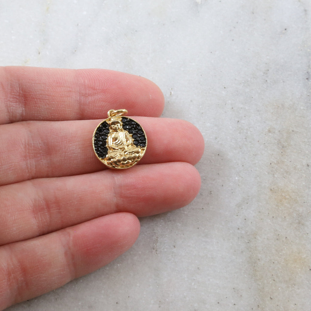 15mmx8mm Gold Plated or Rhodium Plated Coin Black CZ Pave Buddha Ohm Gold