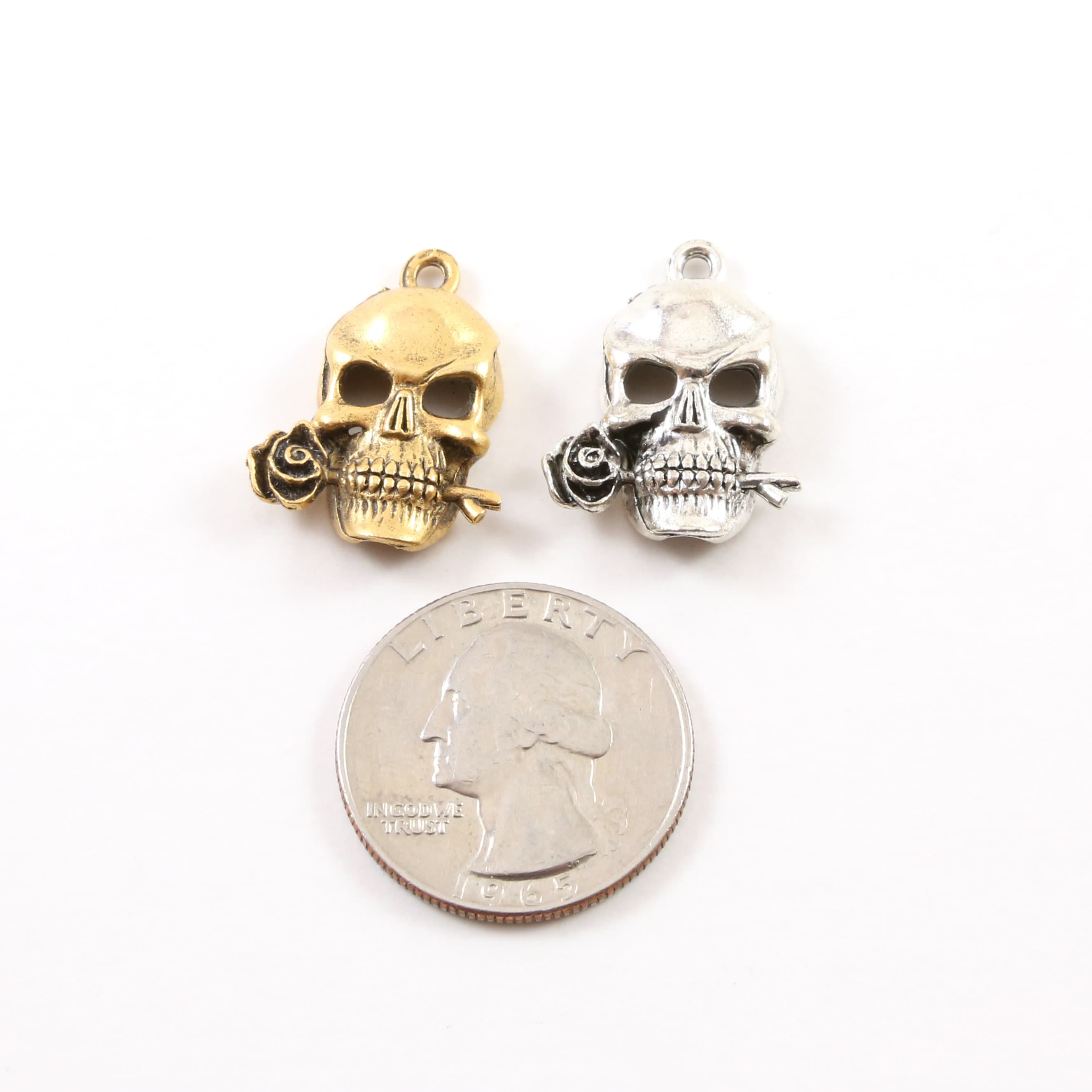 Pewter Rose in Mouth Punk Pirate Skull Charm Pendant Halloween