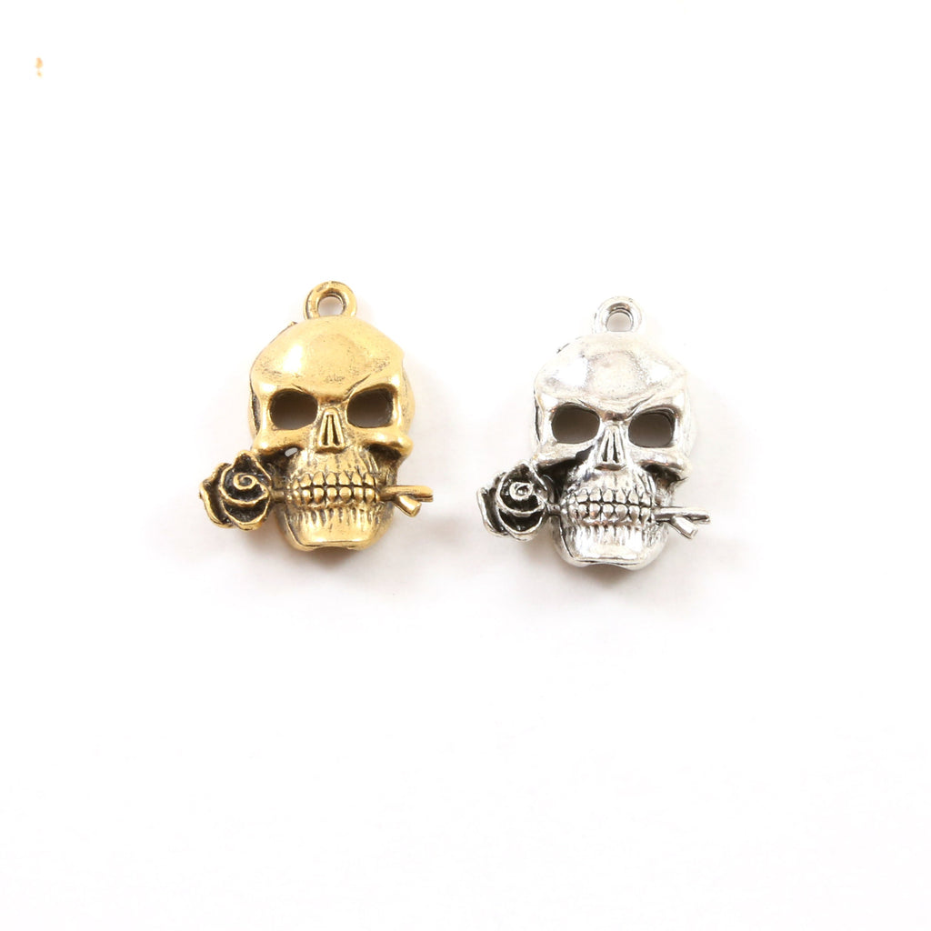 Pewter Rose in Mouth Punk Pirate Skull Charm Pendant Halloween