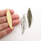 50mmx10mm Pewter Large Modern Feather Charm Necklace Pendant Matte Gold