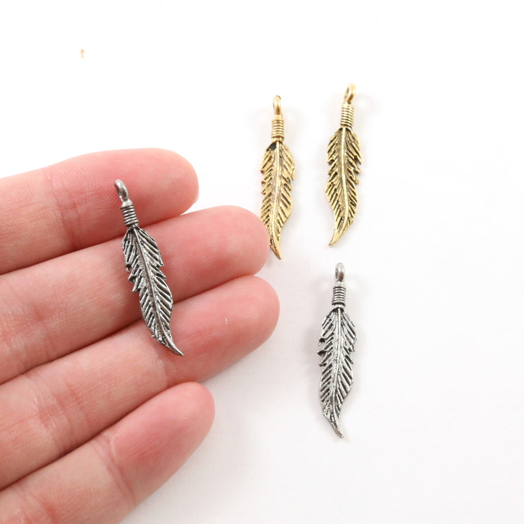 30mmx7mm Pewter Pointed Minimal Modern Feather Charm Necklace Pendant (2pc)