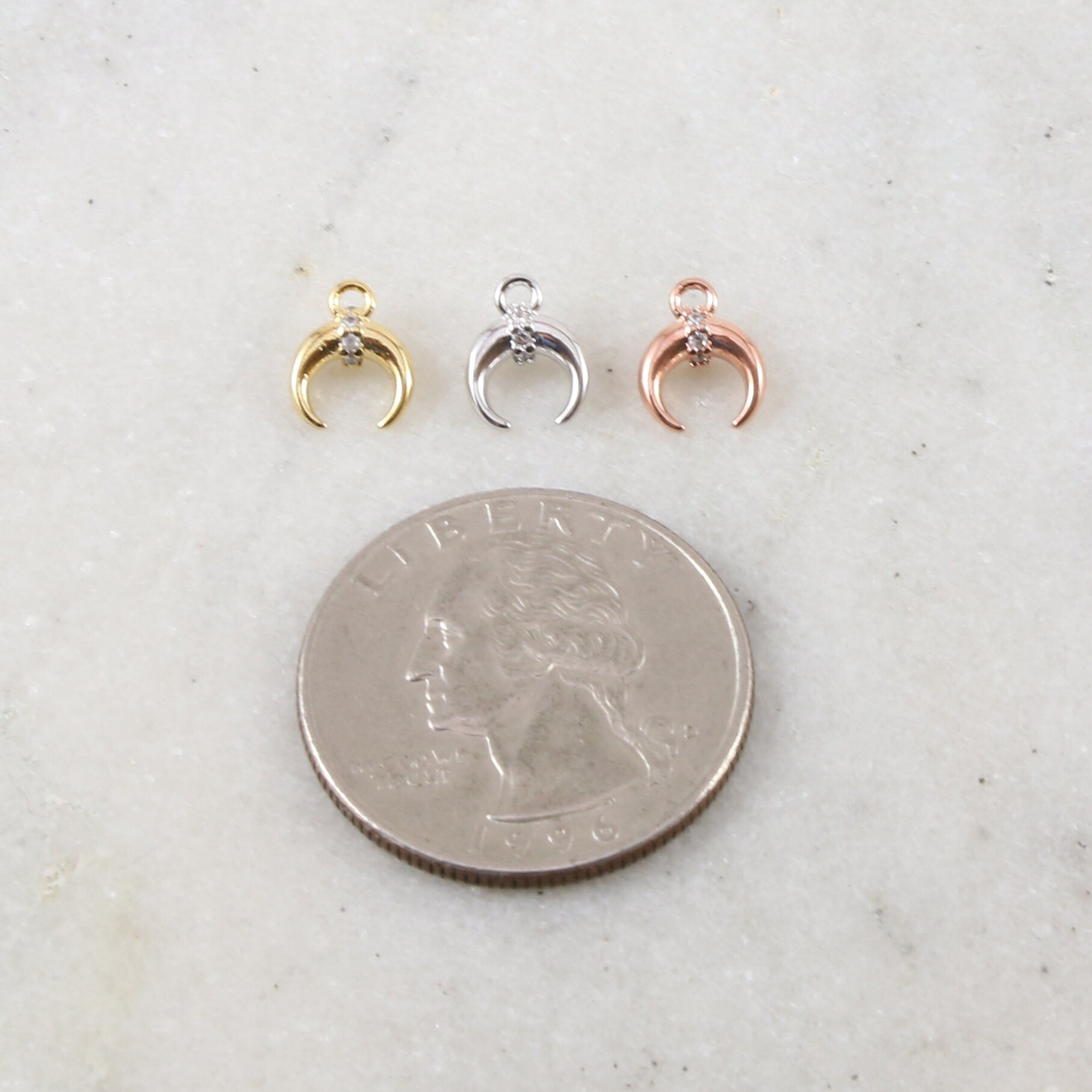 9mmx5mm Rhodium Plated Small Horn Crescent Moon with Cubic Zirconia Stone