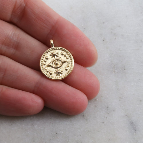 14mmx19mm Brass Round Evil Eye Medallion Coin with Stars Gold Delicate