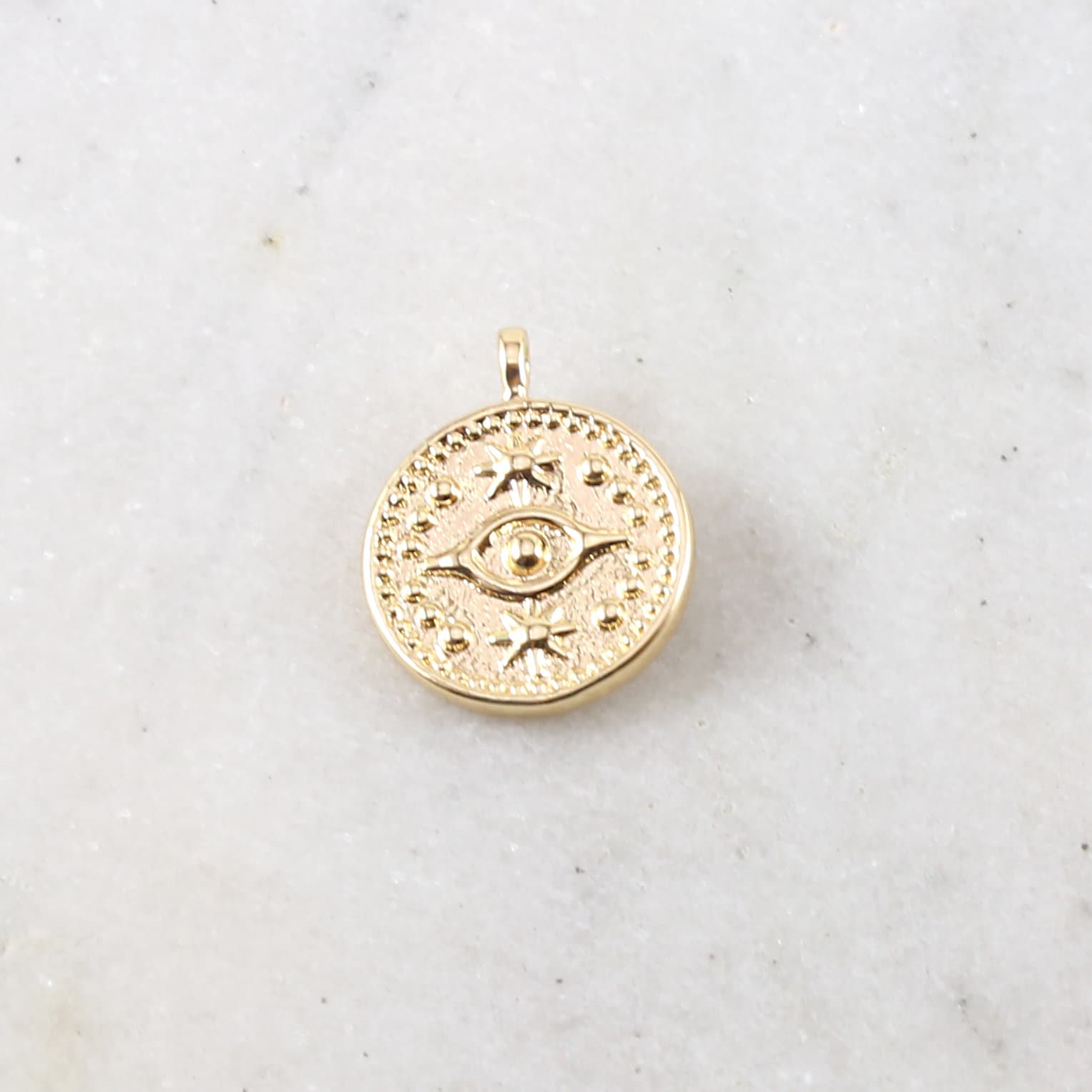 14mmx19mm Brass Round Evil Eye Medallion Coin with Stars Gold Delicate