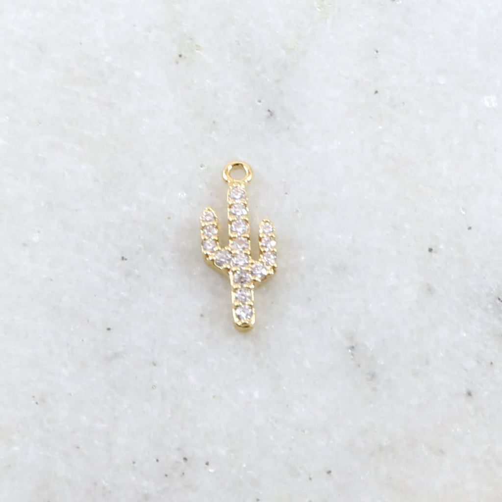 14mmx5mm Gold Plated or Base Metal Tiny Cactus Pave CZ Charm Cubic Zirconia