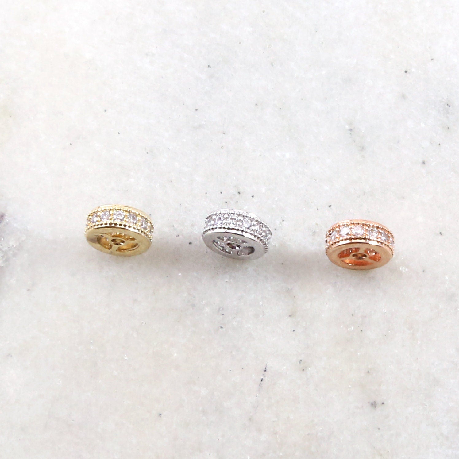 Rhodium Plated 8mm Pave Cubic Zirconia CZ Gold Silver Rose Gold Spacer