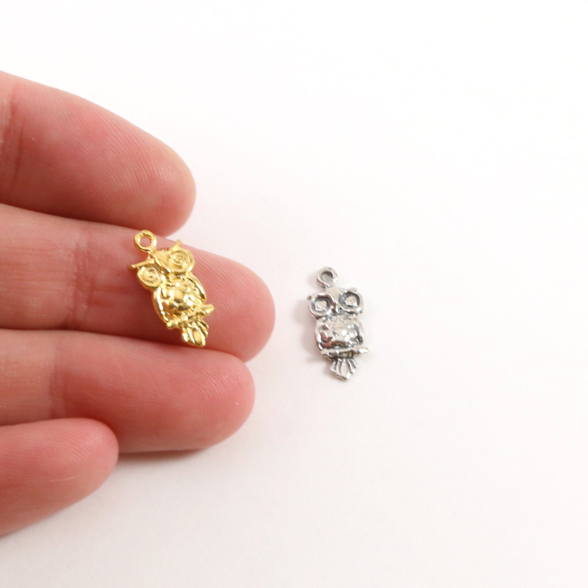 Sterling Silver or Vermeil Tiny Wide Eyed Owl Bird Sitting Charm Nature Bird