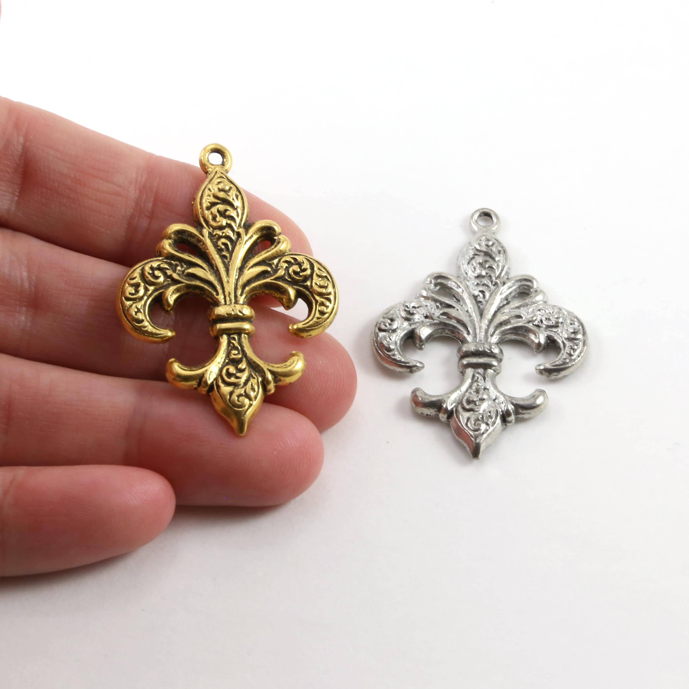 Pewter Fleur De Lis Swirl Design Pendant Necklace Charm 27mm X