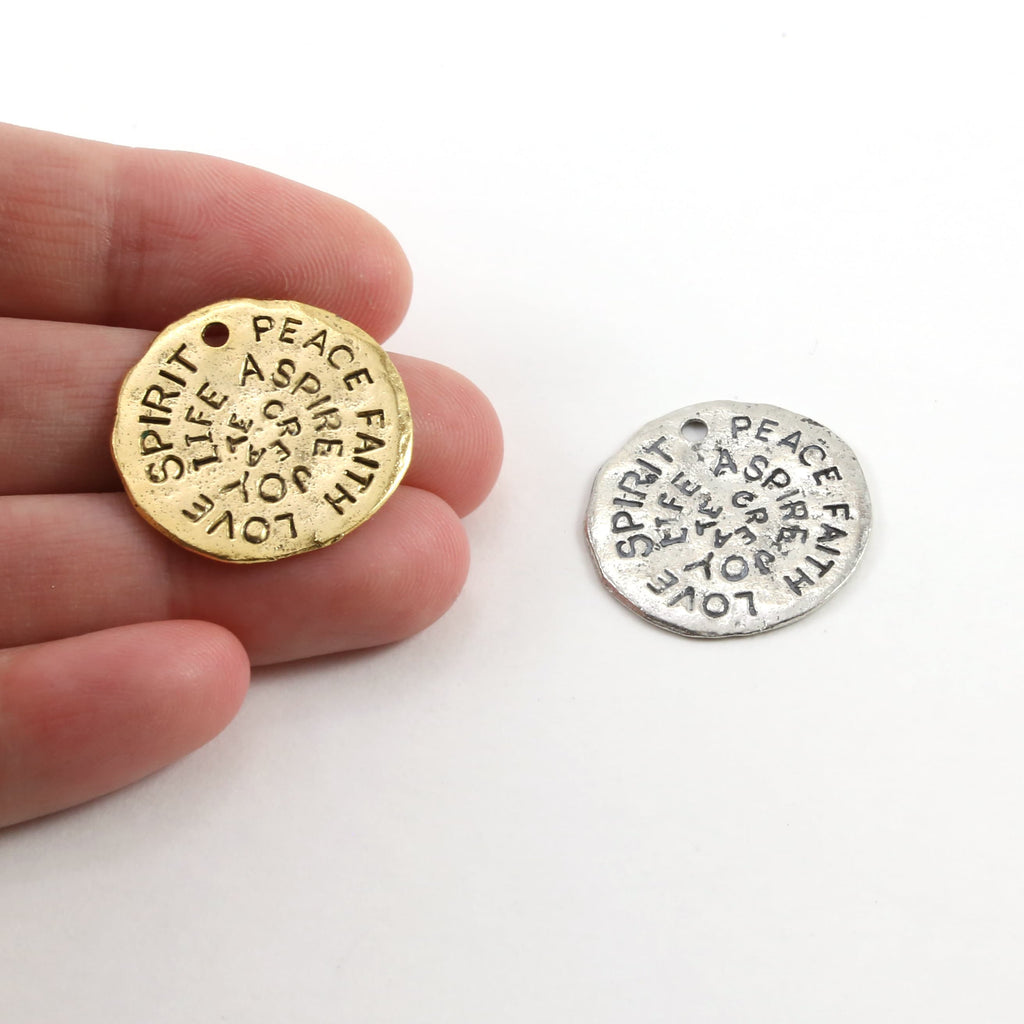 22mm Pewter Large Coin Medallion Stamped Words Spirit Peace Faith