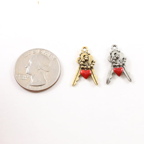 22mmx14mm Pewter Red Double Key with Chain Charm Best Friend Charm