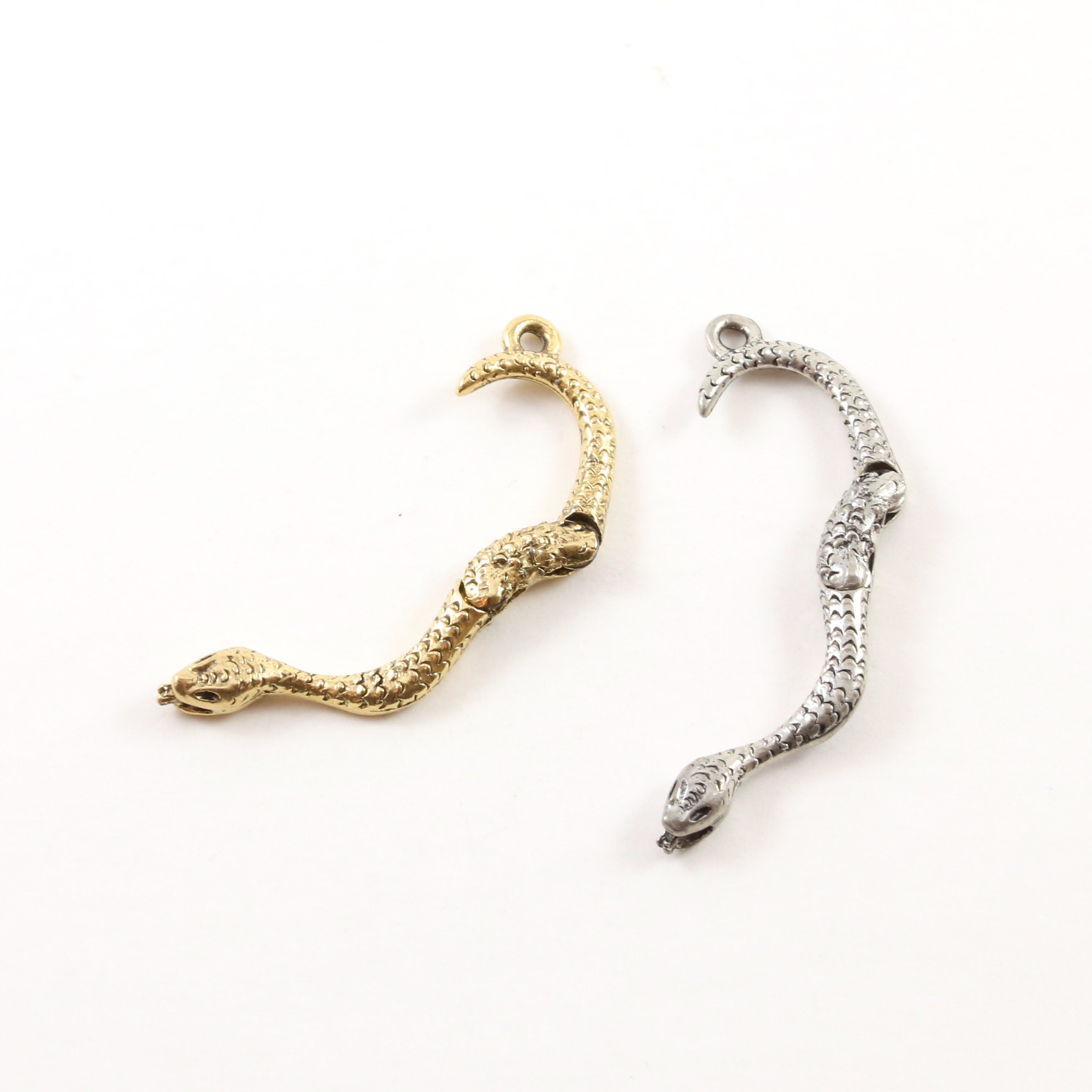 50mmx4mm Pewter Moveable Curved Snake Charm Pendant Antique Gold