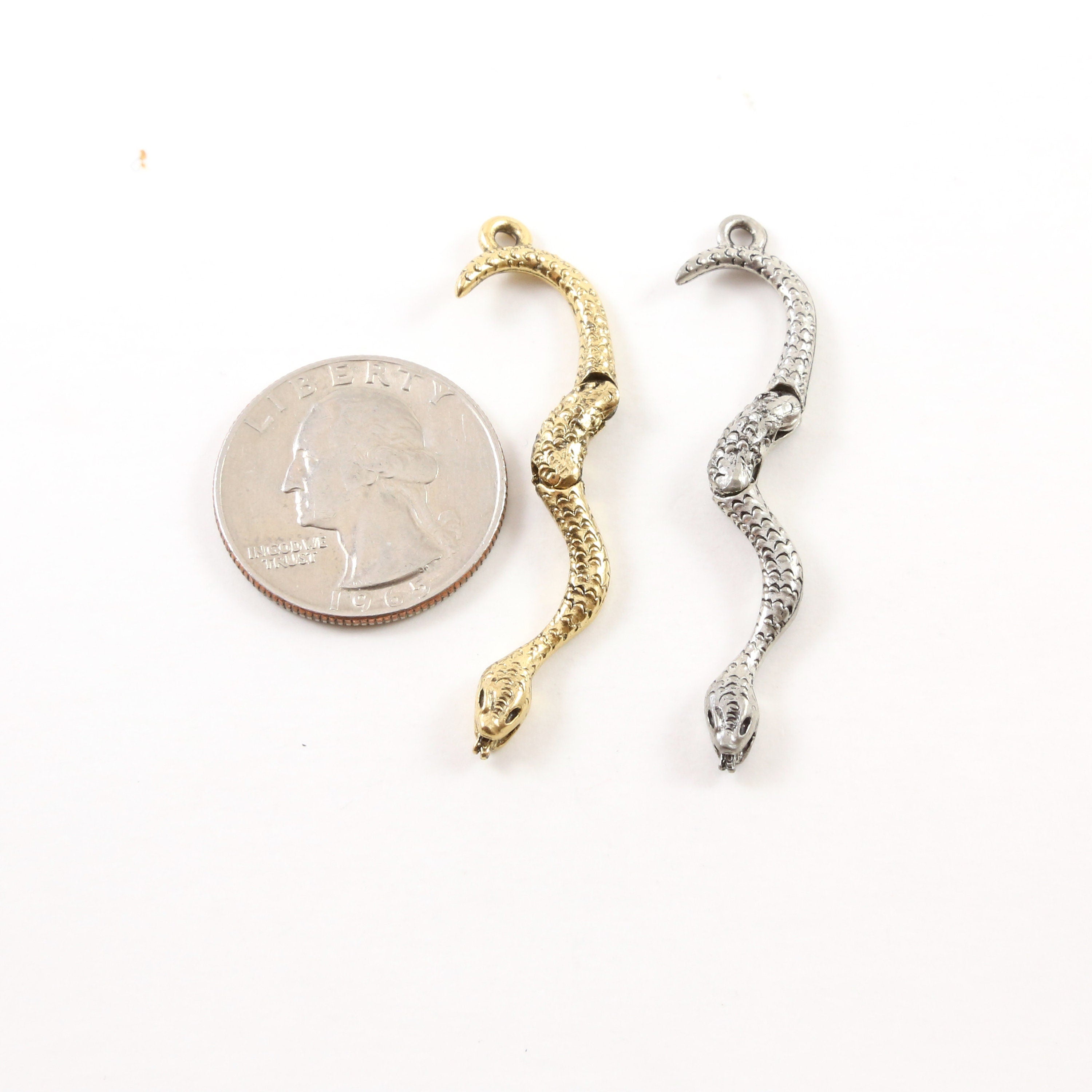 50mmx4mm Pewter Moveable Curved Snake Charm Pendant Antique Gold