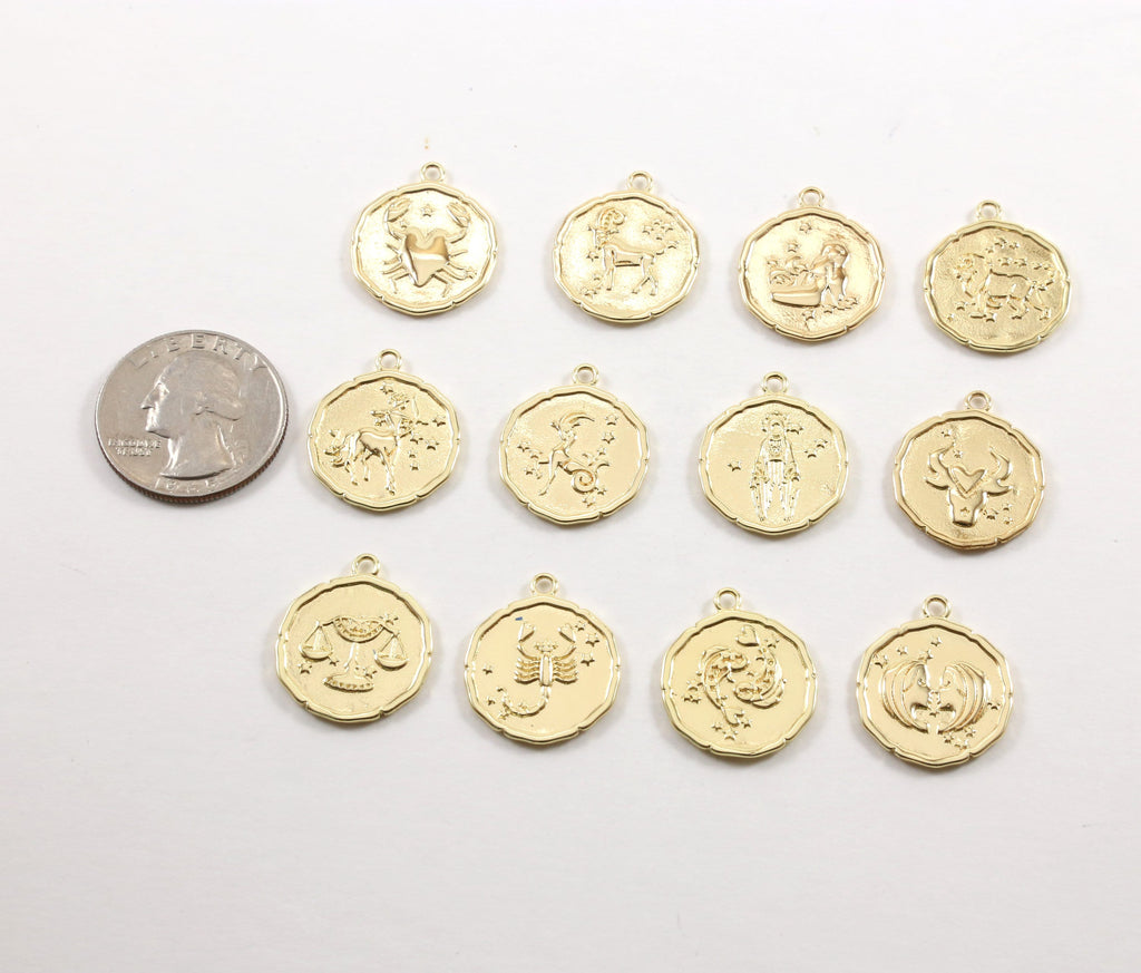 22mmx19mm Gold Plated Gold Zodiac Coin Constellation Round Medallion Charms