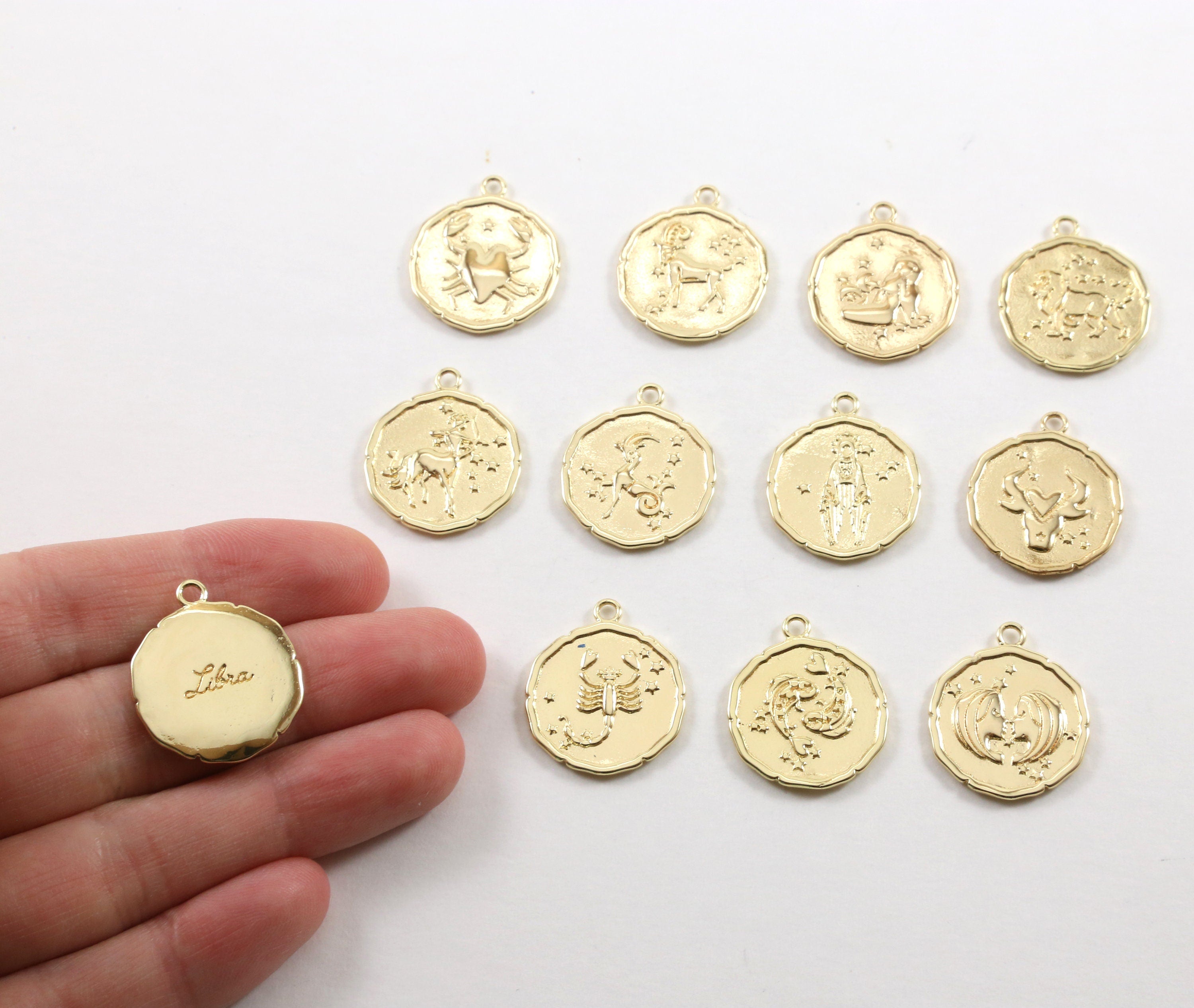 22mmx19mm Gold Plated Gold Zodiac Coin Constellation Round Medallion Charms