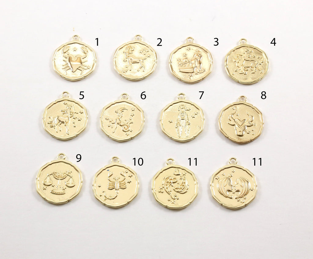 22mmx19mm Gold Plated Gold Zodiac Coin Constellation Round Medallion Charms