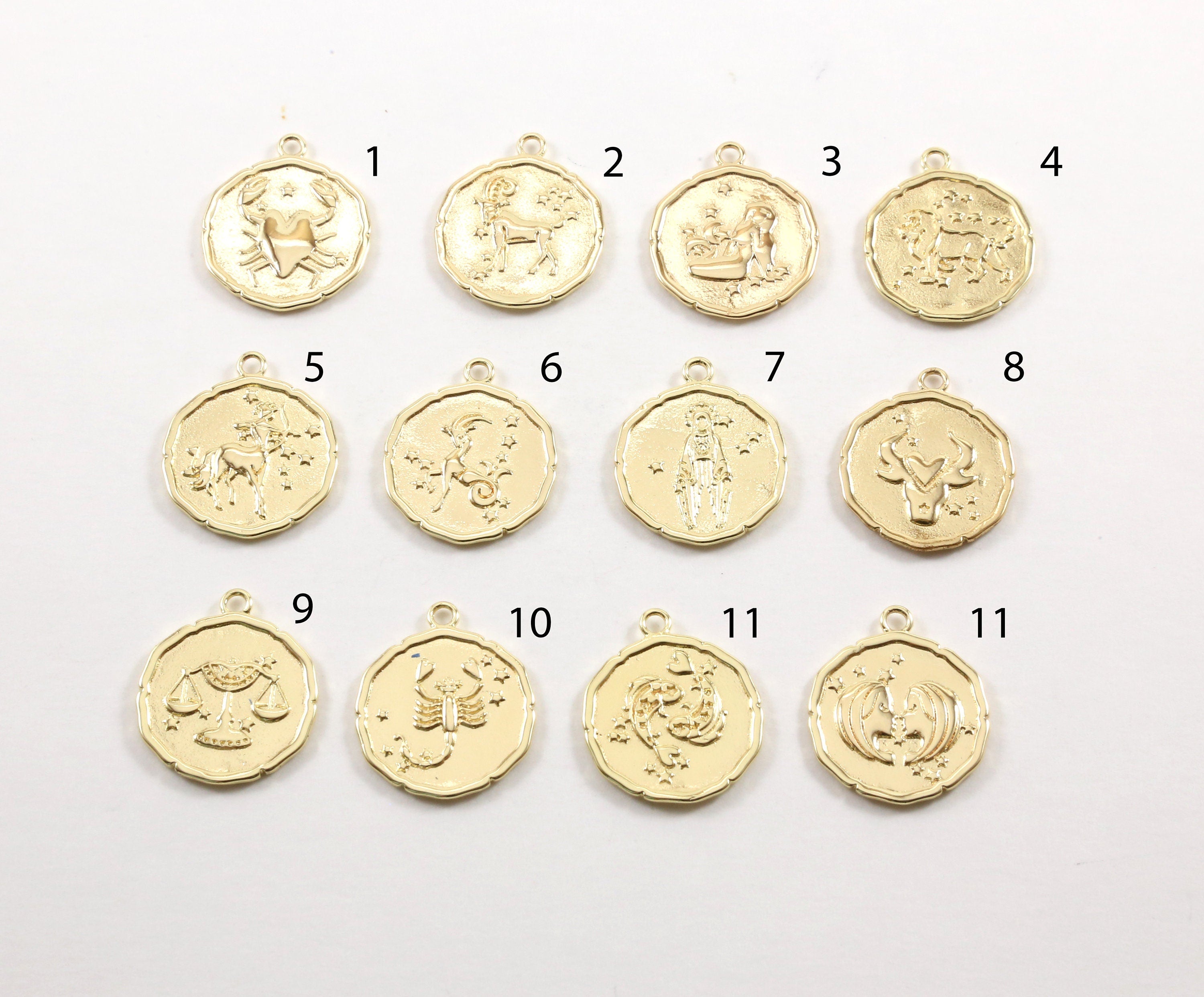 22mmx19mm Gold Plated Gold Zodiac Coin Constellation Round Medallion Charms