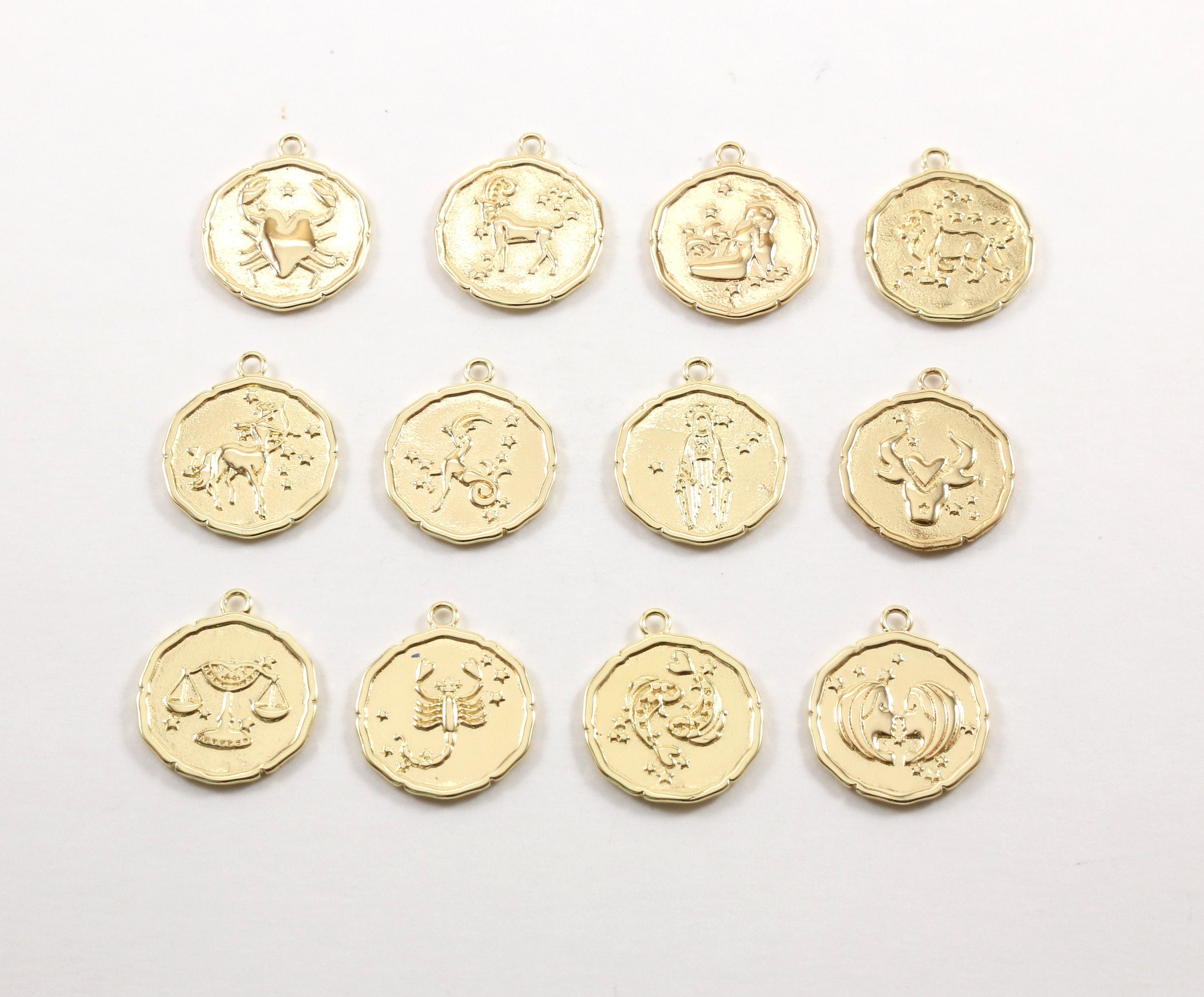 22mmx19mm Gold Plated Gold Zodiac Coin Constellation Round Medallion Charms