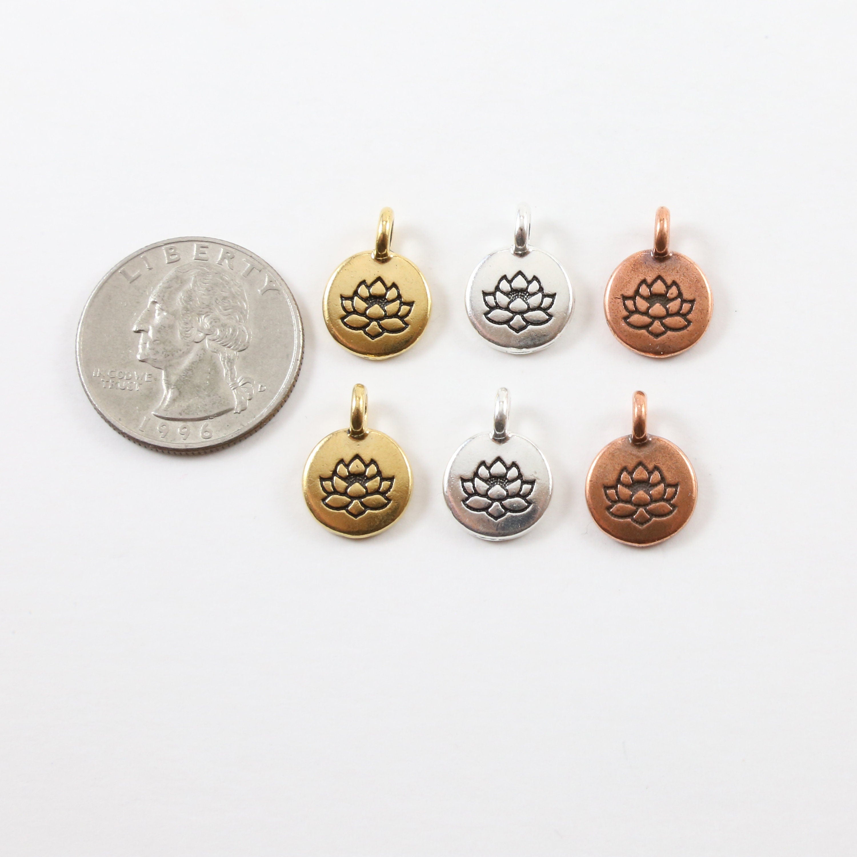 15mmx12mm Pewter Stamped Lotus Circle Charm Nature Pendant Healing (2pc)