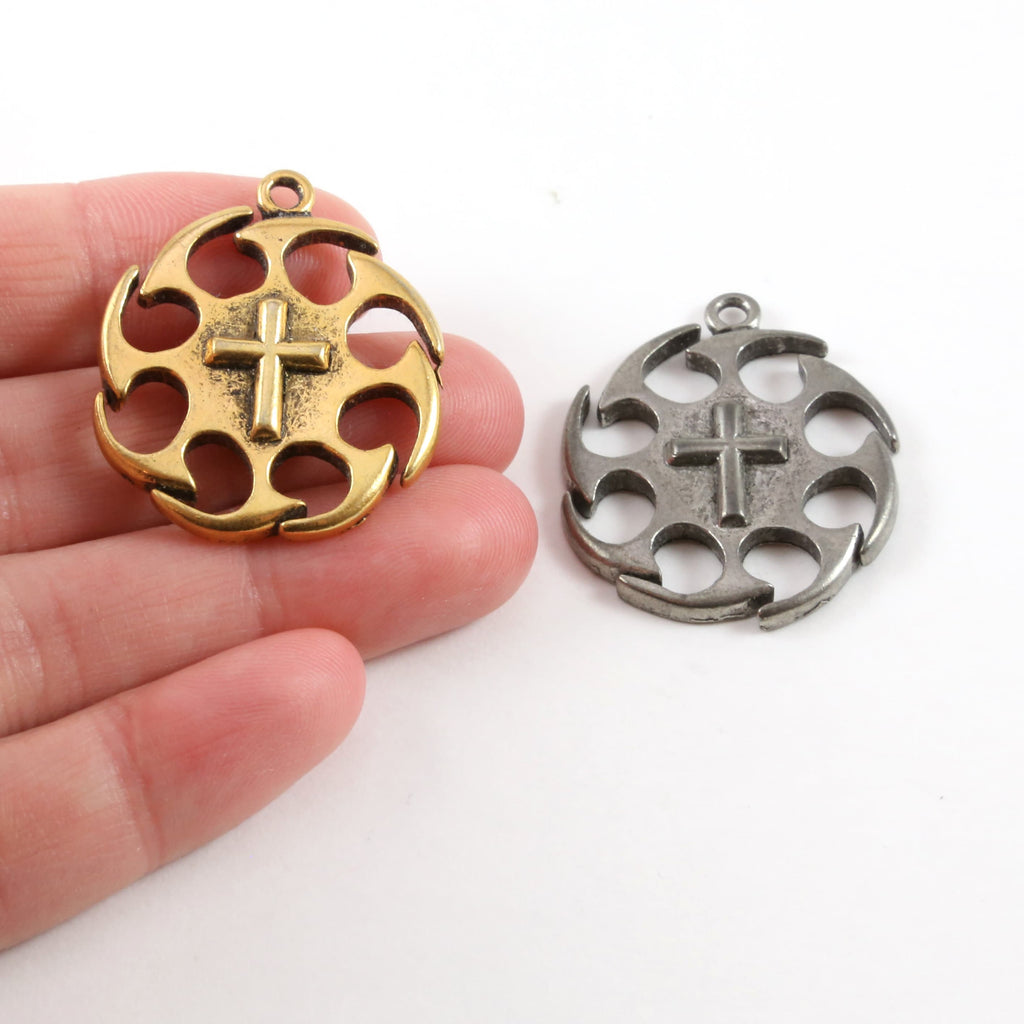 Pewter Extra Large Cross Circle Jagged Edges Cross Coin Charm