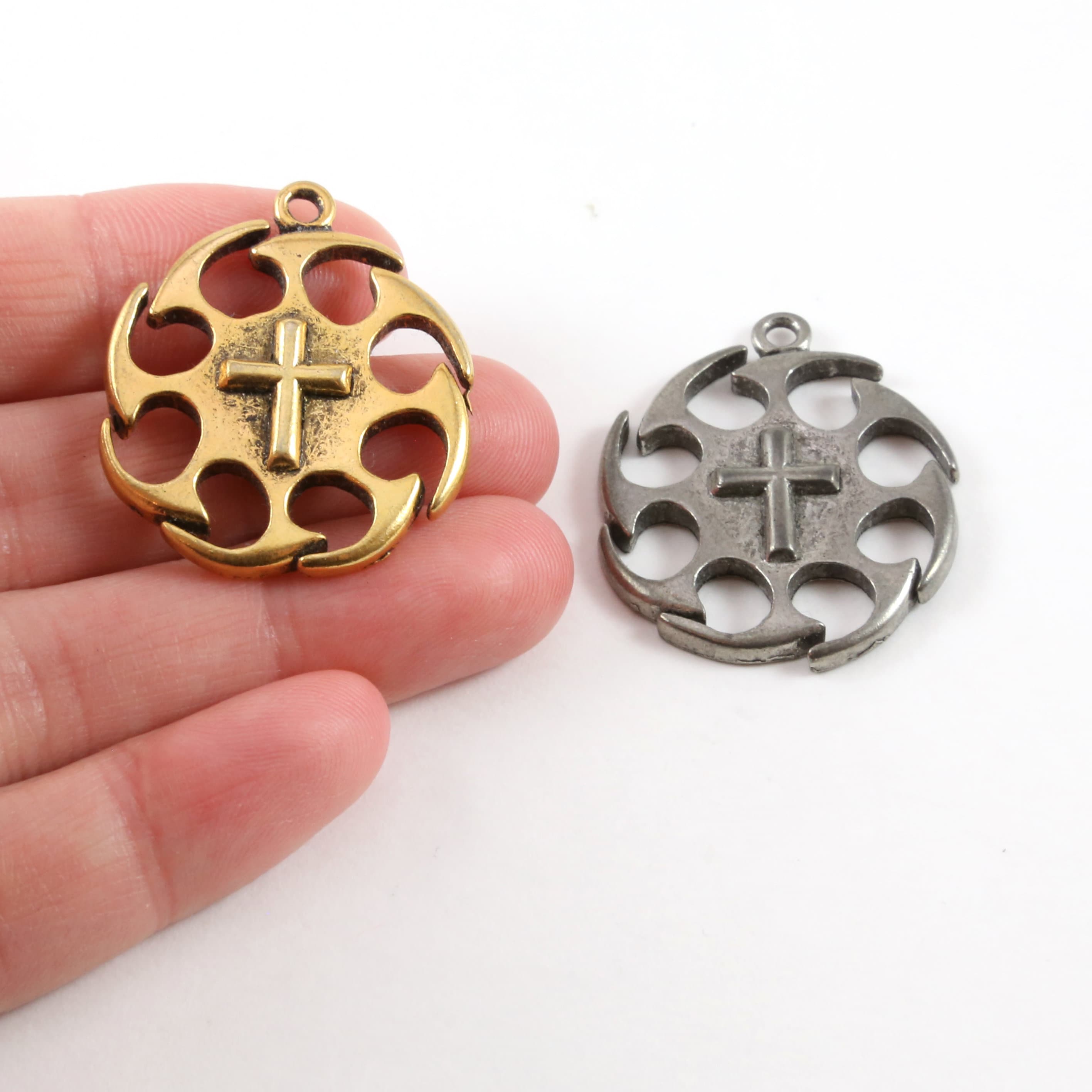 Pewter Extra Large Cross Circle Jagged Edges Cross Coin Charm