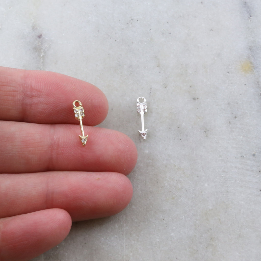 13mmx3mm Rhodium Plated Small Dainty Arrow Charm Rhodium Pave CZ Cubic