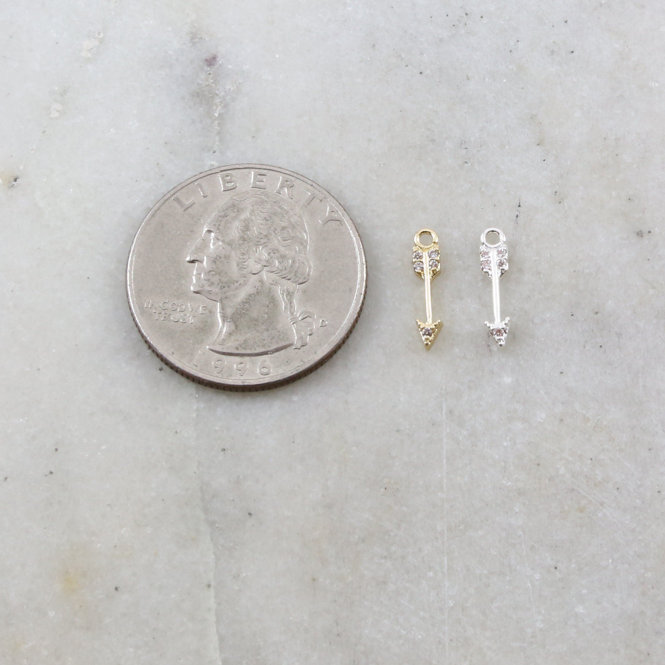 13mmx3mm Rhodium Plated Small Dainty Arrow Charm Rhodium Pave CZ Cubic