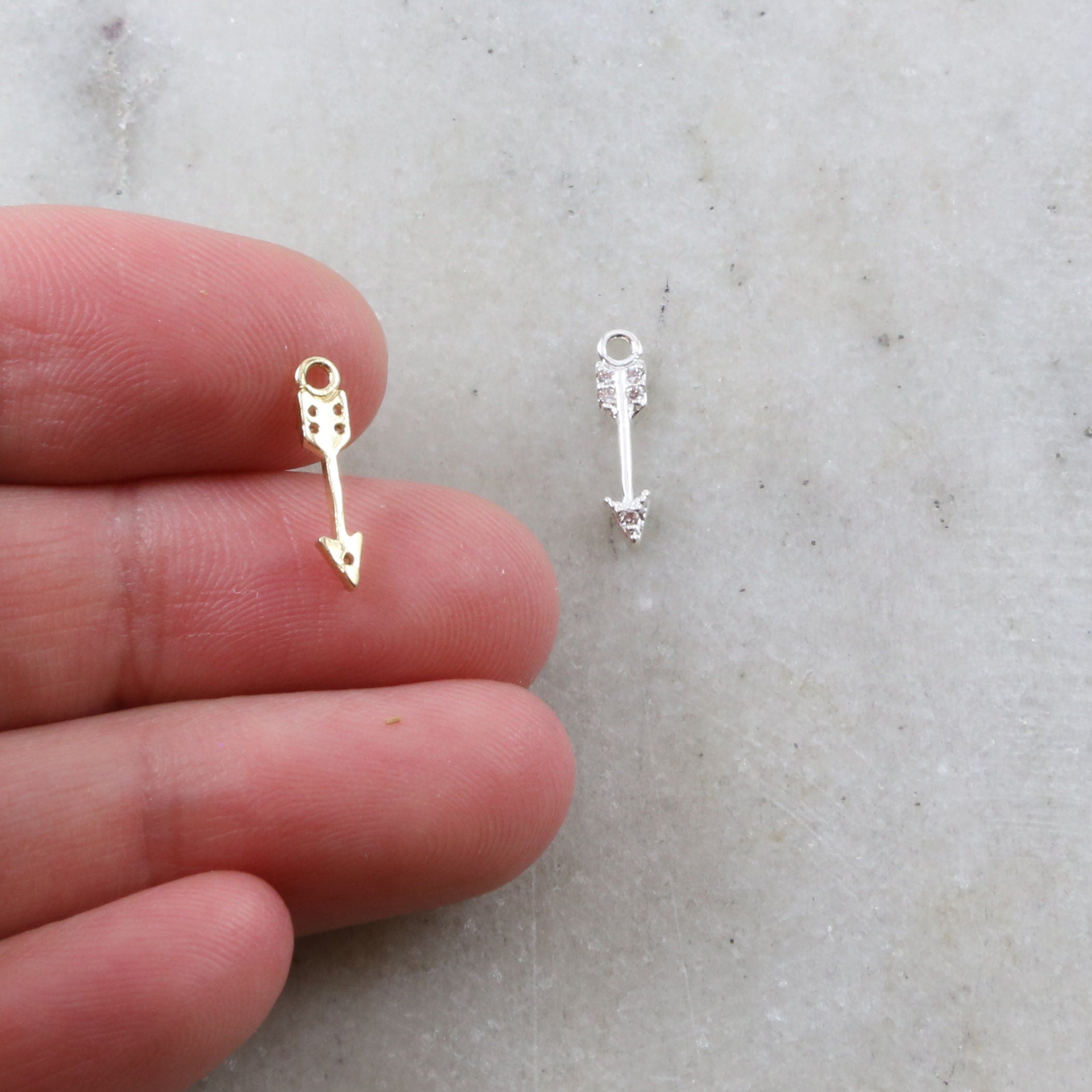 13mmx3mm Rhodium Plated Small Dainty Arrow Charm Rhodium Pave CZ Cubic