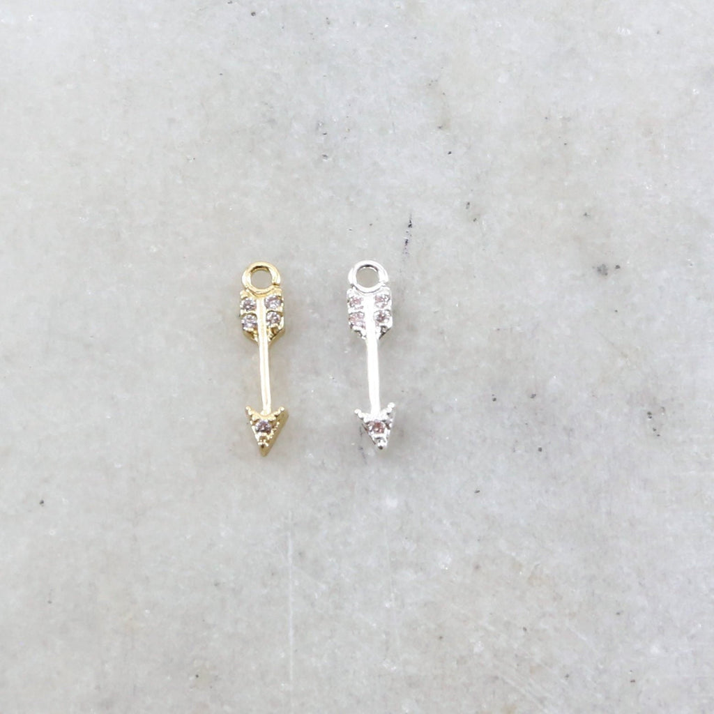 13mmx3mm Rhodium Plated Small Dainty Arrow Charm Rhodium Pave CZ Cubic