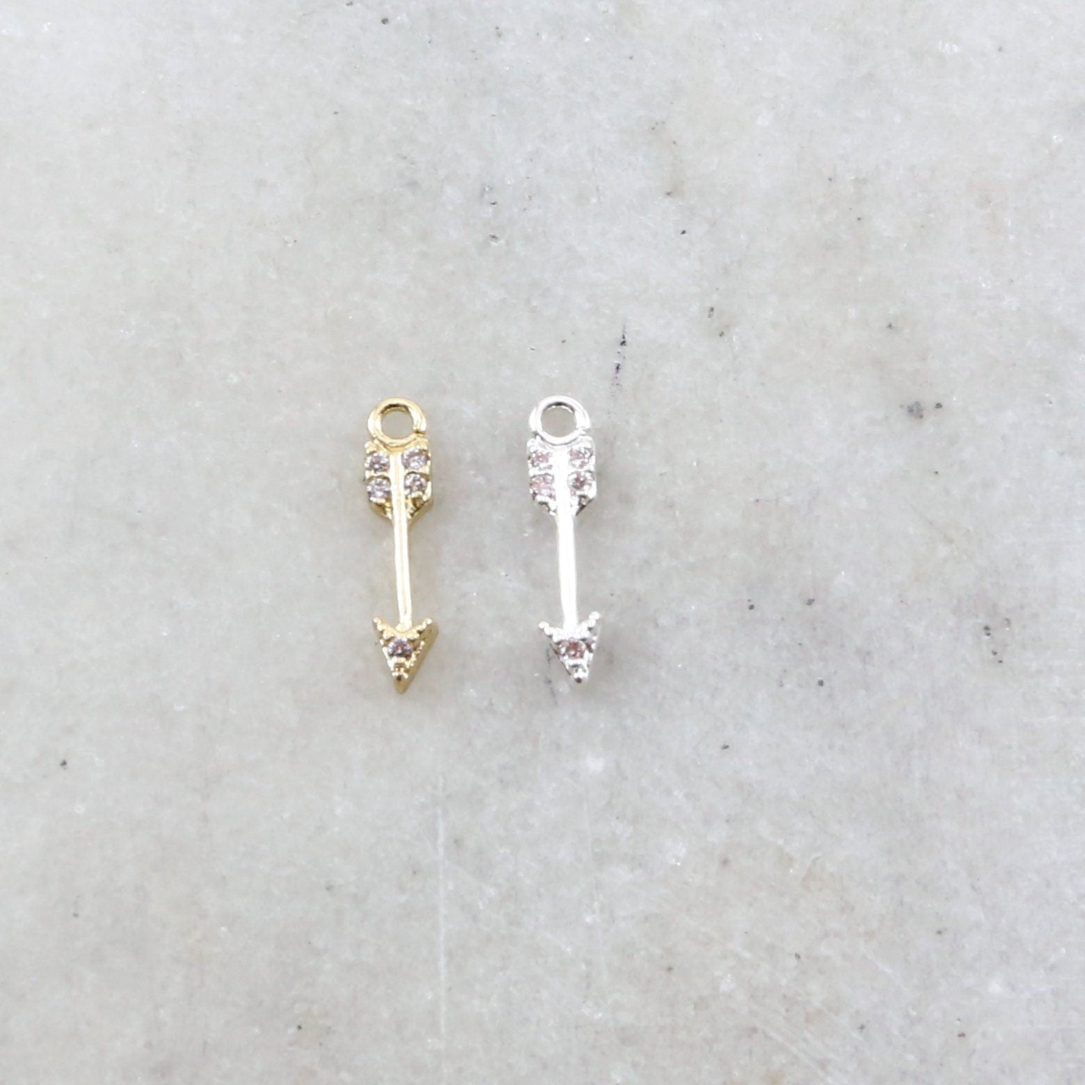 13mmx3mm Rhodium Plated Small Dainty Arrow Charm Rhodium Pave CZ Cubic