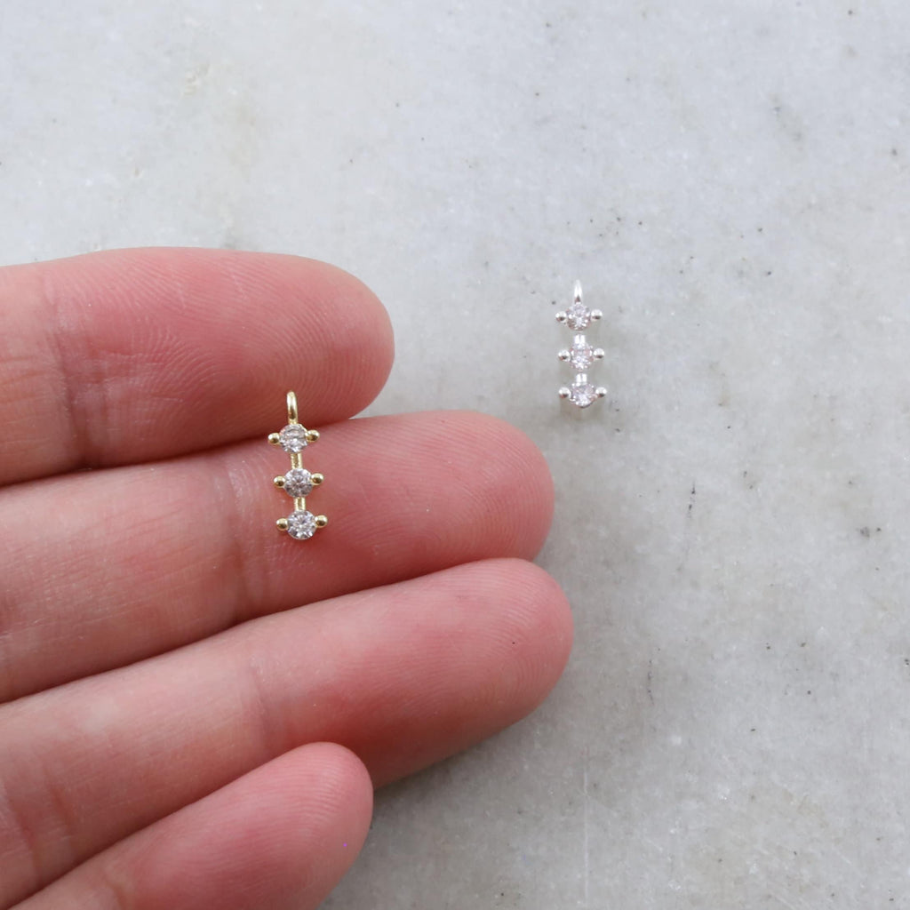 10mmx3mm Rhodium Plated Dainty Tiny CZ Trio Bar Pave CZ Small Drop Charm Cubic