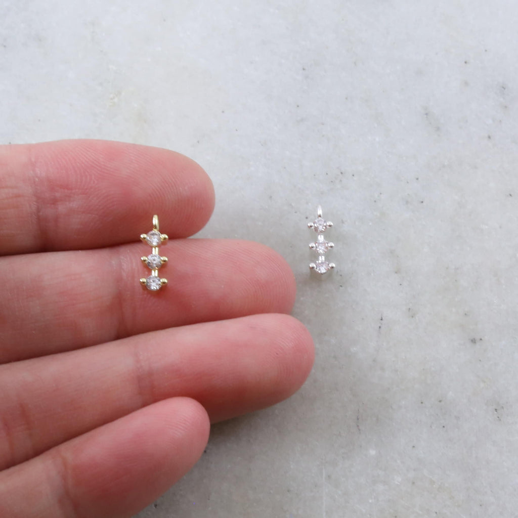 10mmx3mm Rhodium Plated Dainty Tiny CZ Trio Bar Pave CZ Small Drop Charm Cubic