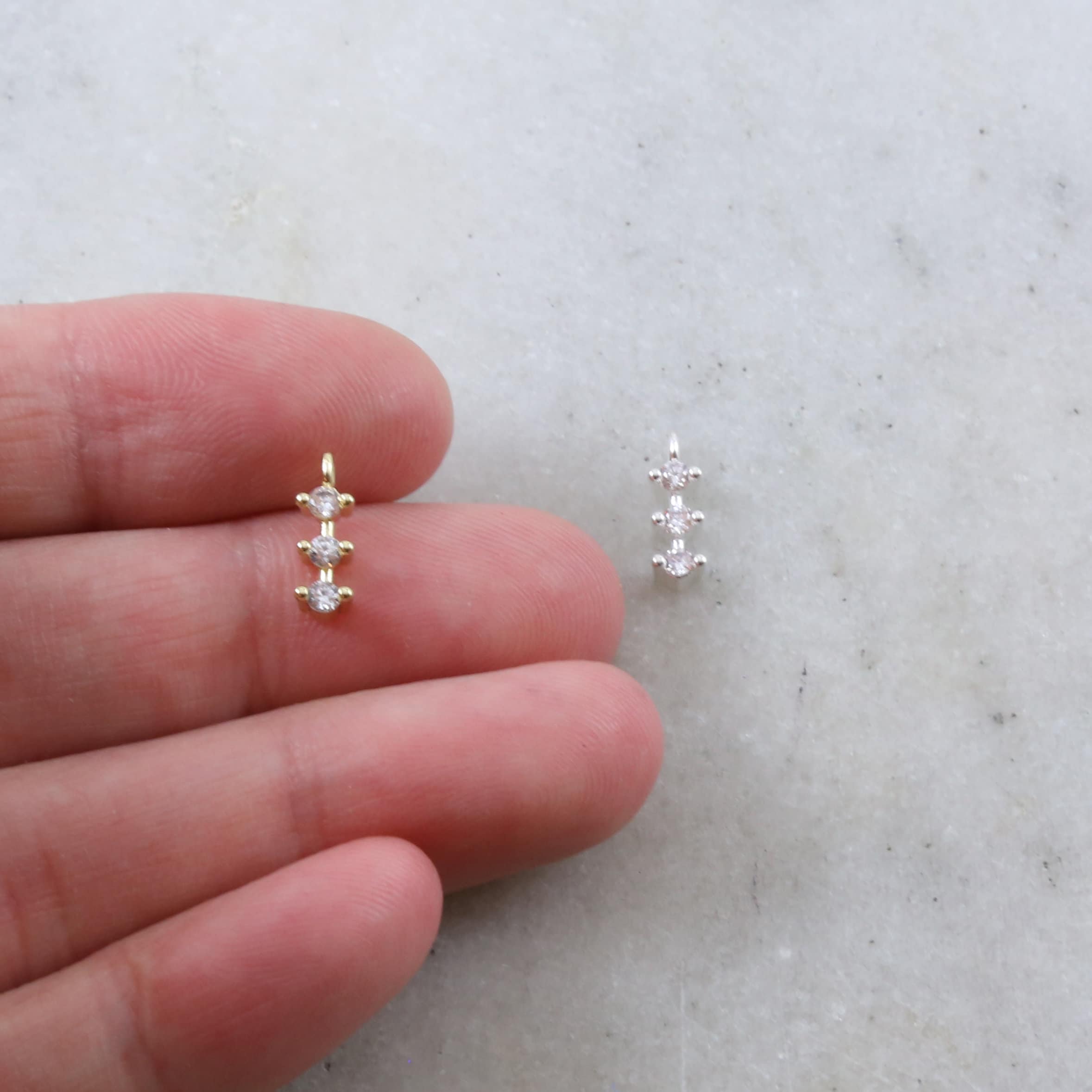 10mmx3mm Rhodium Plated Dainty Tiny CZ Trio Bar Pave CZ Small Drop Charm Cubic