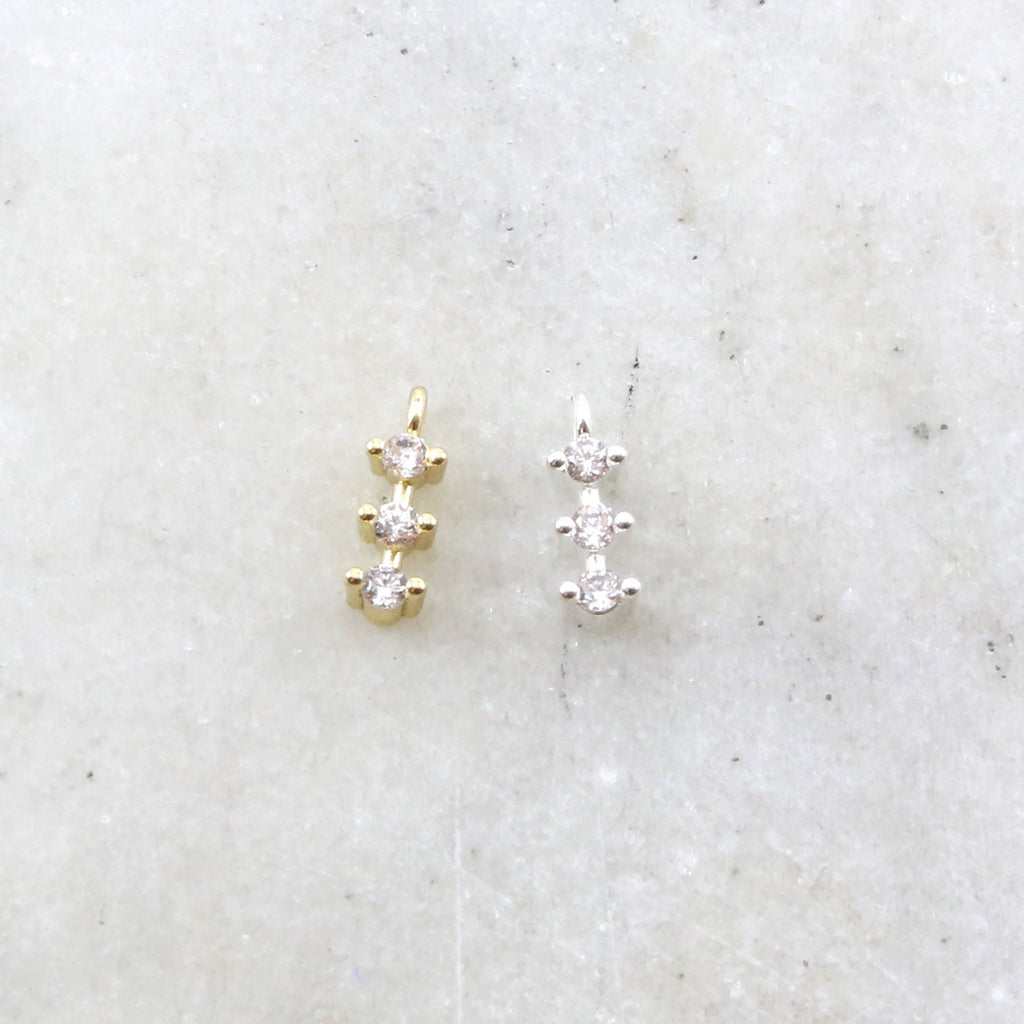 10mmx3mm Rhodium Plated Dainty Tiny CZ Trio Bar Pave CZ Small Drop Charm Cubic