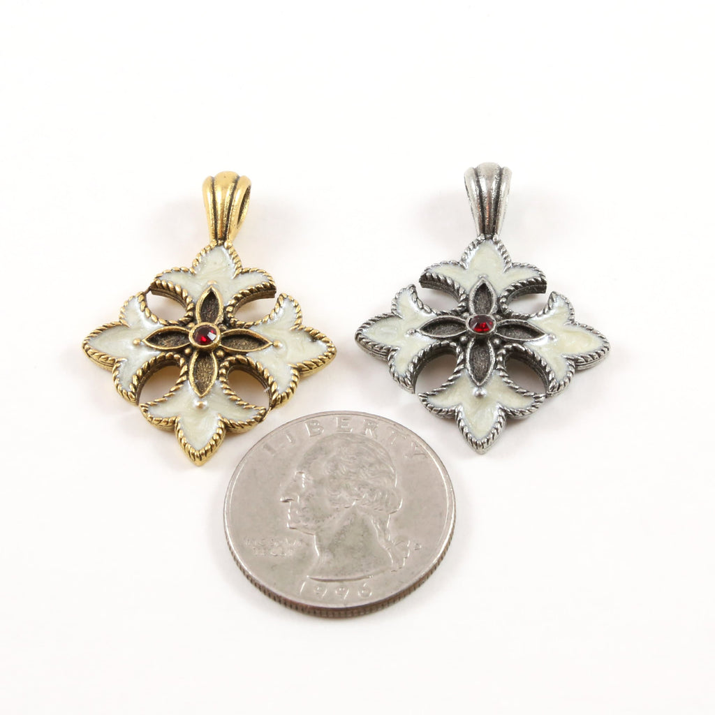 27mmx35mm Pewter Pretty White Enamel Fleur De Lis Pendant with Red