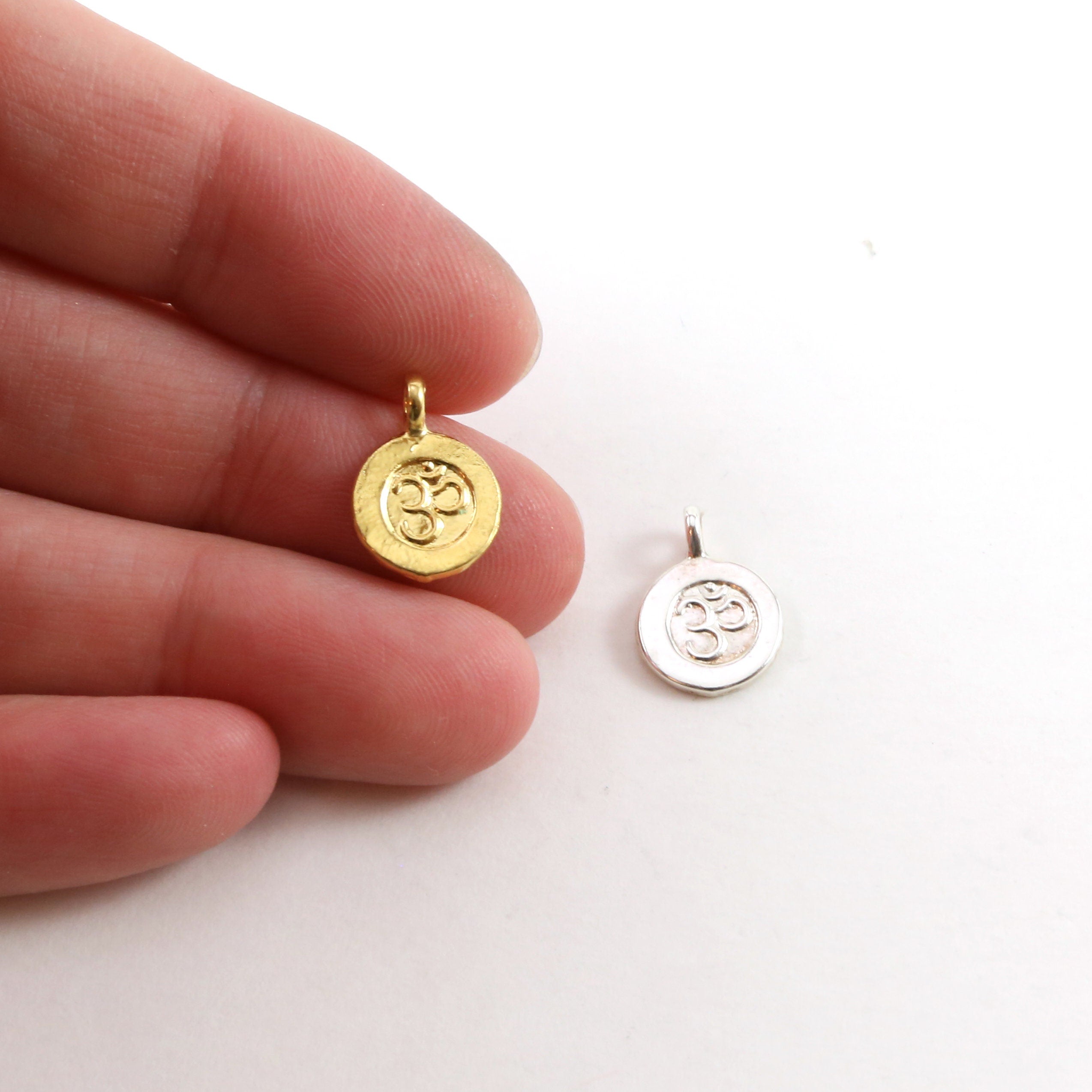 13mmx10mm Sterling Silver or Vermeil Small Embossed Om Ohm Circle Coin